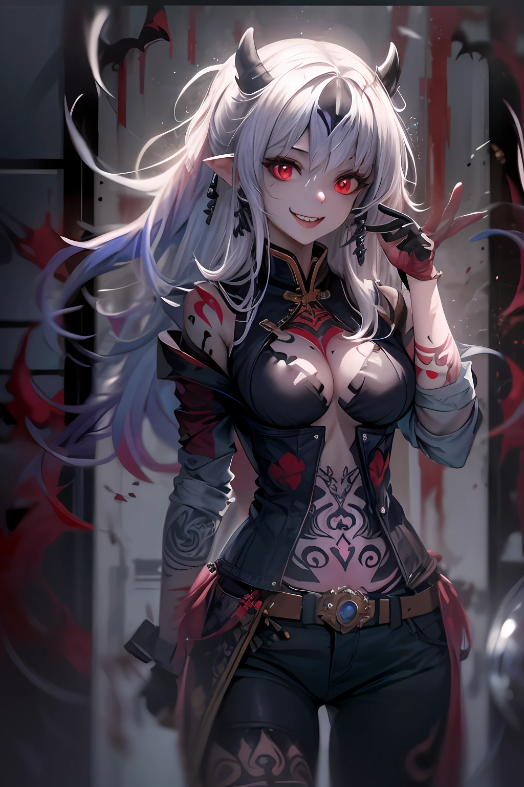 (Ashenhardt style:1.4), Masterpiece, Best quality, High quality,(Red eyes with dark red glow), (in profile), Abstraction, Deep Sea, Award-winning photography, Depth of field, HDR, Very detailed, Trending in art station, Trending in CGsociety, Complex, High detail,(Masterpiece: 1.2, highest quality), (Best lighting, very delicate and beautiful), (Best lighting, Very delicate and beautiful), (beautiful detailed face), (detailed eyes and detailed face:1.2), dark fantasy, (young girl, 1girl, solo, crazy smile, pale skin,G cup,cleavage,19 piercings,((tattoo all over body,tribal tattoo all over foot)) green hair, green glowing eyes, dynamic angle, vampire), ((back Art Paint,Magic Circle,Graffiti on the Wall)),(Get a Demon to Summon:1),((In the Chinese Cityscape)),(Magic Circle to Devil),Magic Thunder, pointy_ears, Fangs,Blood on Face,Blood Rain,Blood Mist,(Depth of Field),High Contrast,(Blood Splash: 1.4),Cowboy Shot,Full Body,Colorful Pose,Shorts,Jacket,Shirt,Shorts,Cowboy Shot,Denim Jacket,