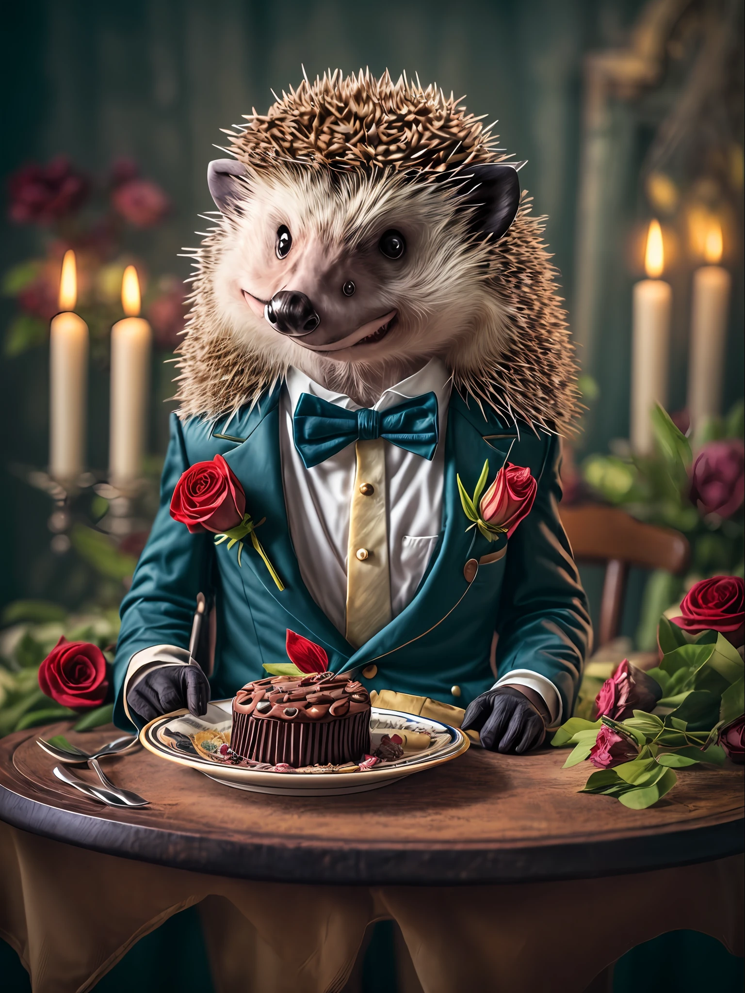 ((Anthropomorphic hedgehog in a gentleman's costume sitting at a table)), On the table is a delicious cake and a bouquet of flowers, Lightroom, Cinematic, HDR, Soggy, an intricate, hiquality, Calm tones, Complicated details, low contrast