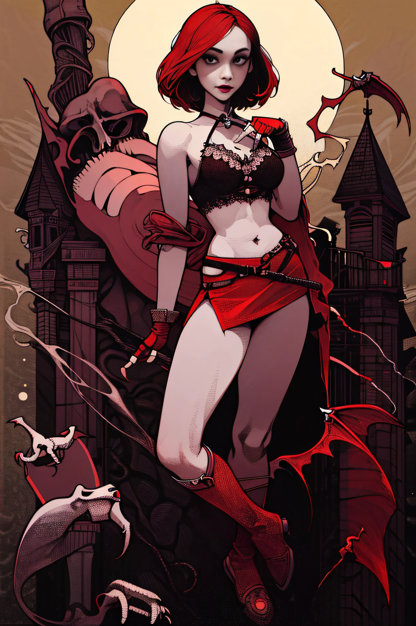 girl, (vampire,pretty:1.3), Fantasy,Library Background,Curvy,Round Breasts,standing,Very Short Hair,Roach hair,crimson Bralet Top,vermilion Pencil Skirt,vocaloid,Fingerless Gloves ,(masterpiece,detailed,highres:1.4)