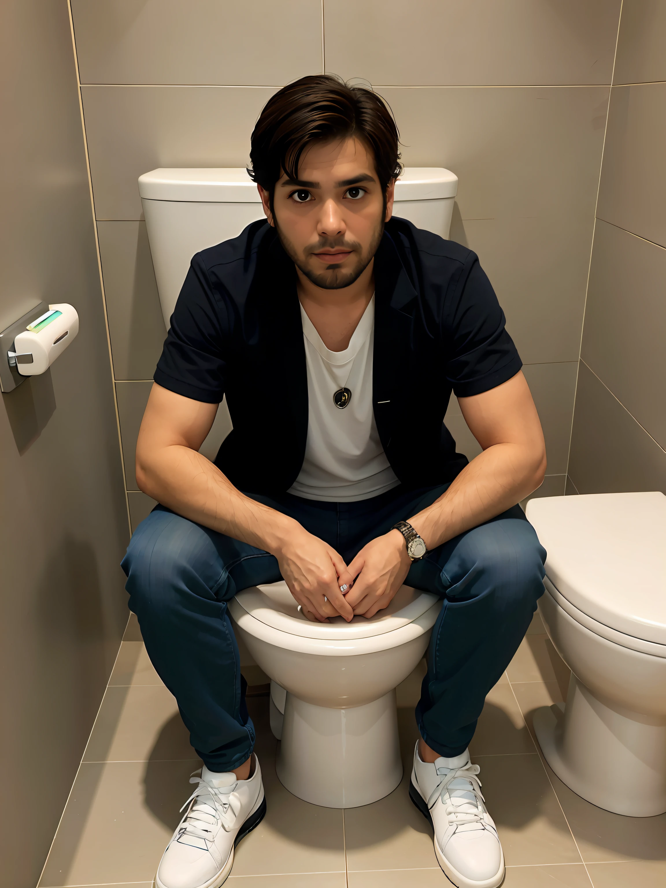 Arafed man sitting on a toilet in a bathroom with a white toilet, siting on a toilet, Um retrato de Rahul Kohli, em um banheiro, Sente-se no trono, sentado no trono de porcelana, in a menacing pose, sentado no trono, toilet, sentado em um trono, sentado no trono, sentado em seu trono, WC para jogos, no banheiro