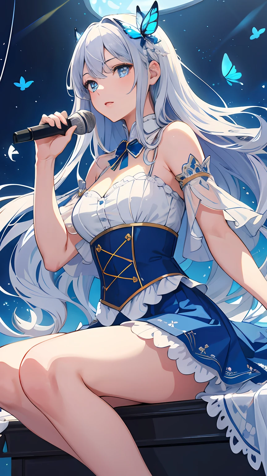 (illustration:1.1),(Best quality),(Masterpiece:1.1),(beautiful and clear background:1.25),(Masterpiece, Best quality, Ultra-detailed), (Photorealistic), (Beautiful detailed eyes),
Stage,stage light,(hair), 
，blue skirts，1girl，blue color eyes，long  white hair，Flying blue butterflies，
Bare shoulders