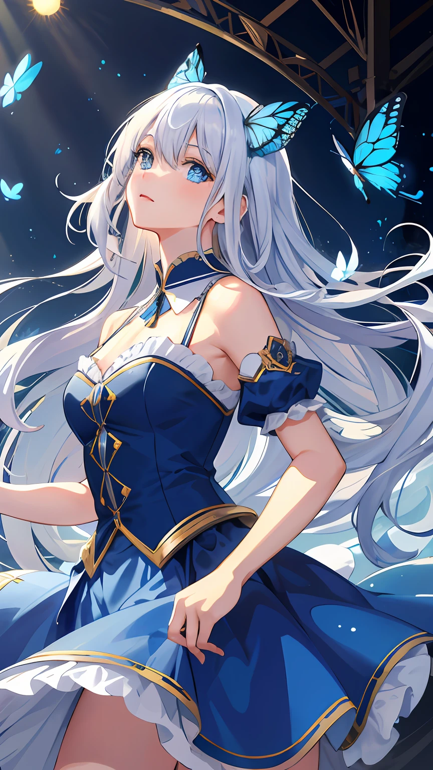 (illustration:1.1),(Best quality),(Masterpiece:1.1),(beautiful and clear background:1.25),(Masterpiece, Best quality, Ultra-detailed), (Photorealistic), (Beautiful detailed eyes),
Stage,stage light,(hair),
,blue skirts,1girl,blue color eyes,long white hair,Flying blue butterflies,
Bare shoulders