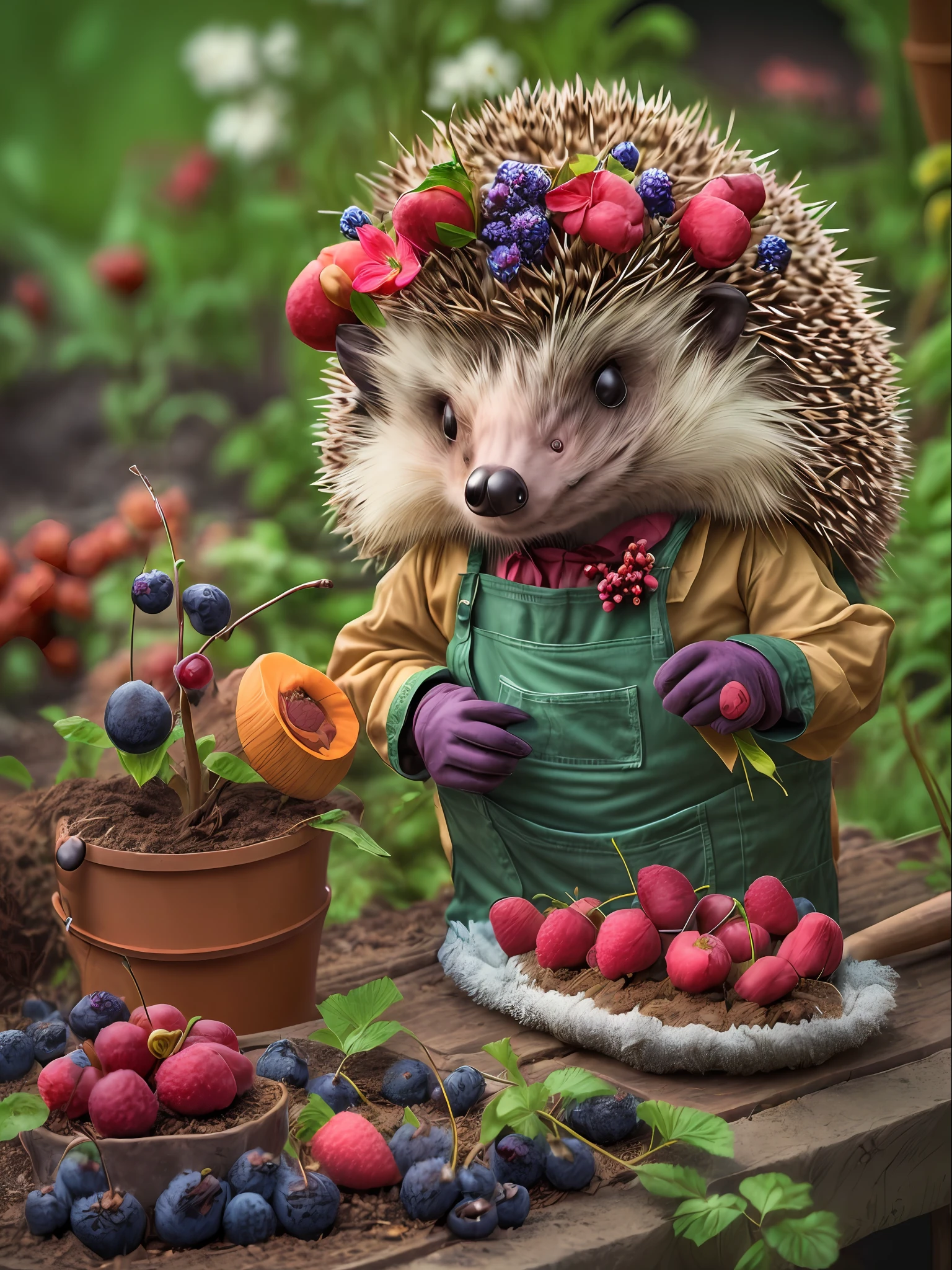 ((Anthropomorphic hedgehog ((in a gardener's costume)) picks berries and flowers in the garden)), On the table is a delicious cake and a bouquet of flowers, Lightroom, Cinematic, HDR, Soggy, an intricate, hiquality, Calm tones, Complicated details, low contrast