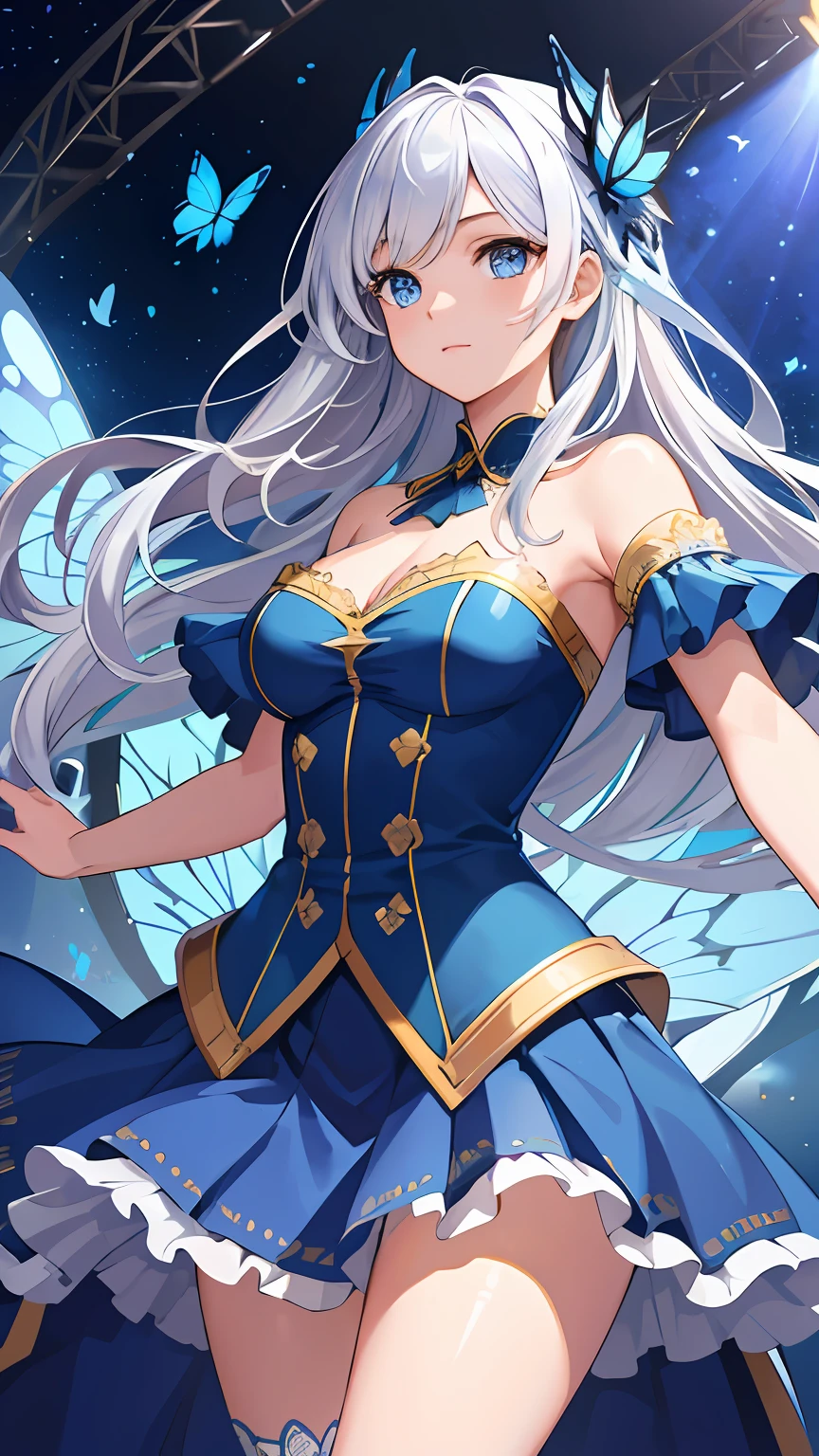 (illustration:1.1),(Best quality),(Masterpiece:1.1),(beautiful and clear background:1.25),(Masterpiece, Best quality, Ultra-detailed), (Photorealistic), (Beautiful detailed eyes),
Stage,stage light,(hair), 
，blue skirts，1girl，blue color eyes，long  white hair，Flying blue butterflies，
Bare shoulders