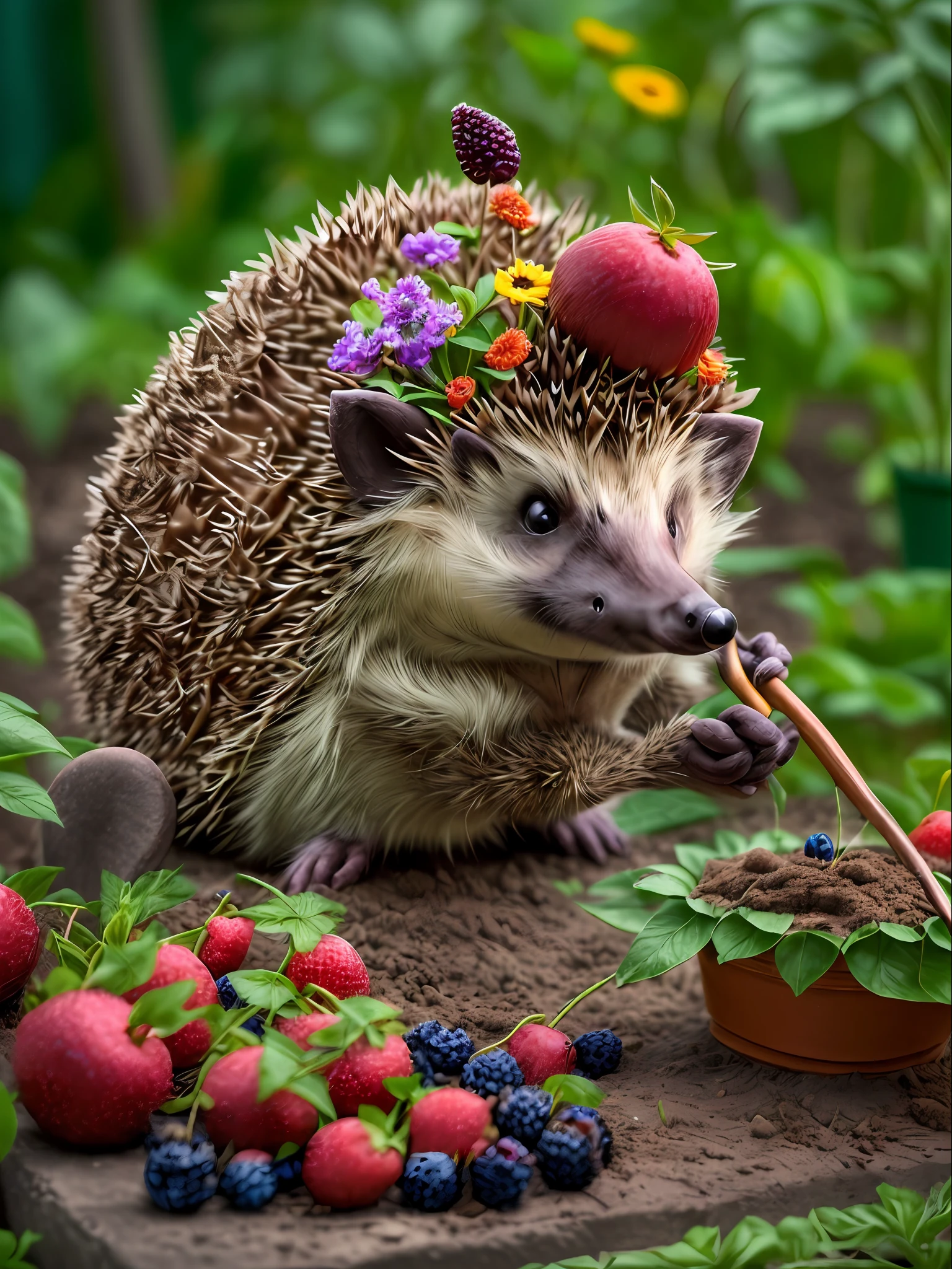 ((Anthropomorphic hedgehog ((in a gardener's costume)) picks berries and flowers in the garden)), On the table is a delicious cake and a bouquet of flowers, Lightroom, Cinematic, HDR, Soggy, an intricate, hiquality, Calm tones, Complicated details, low contrast