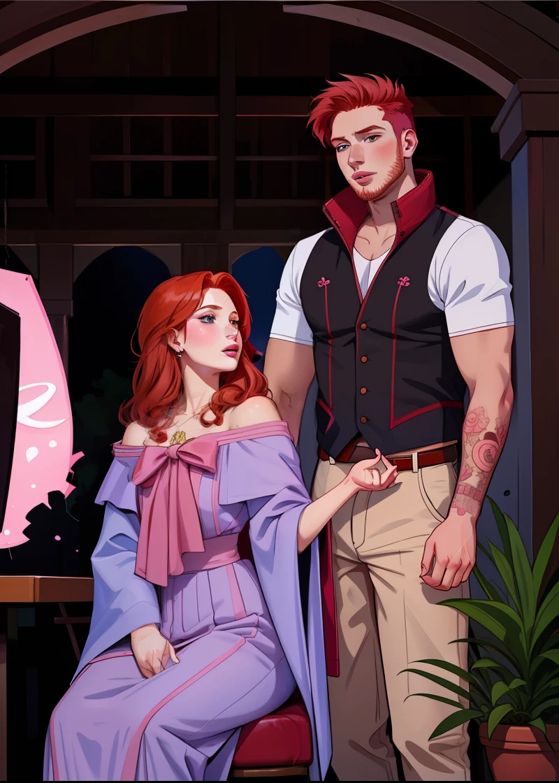 a beautiful red-haired woman looking to the side in profile looking up pink lips at a young man ( Art with noise )