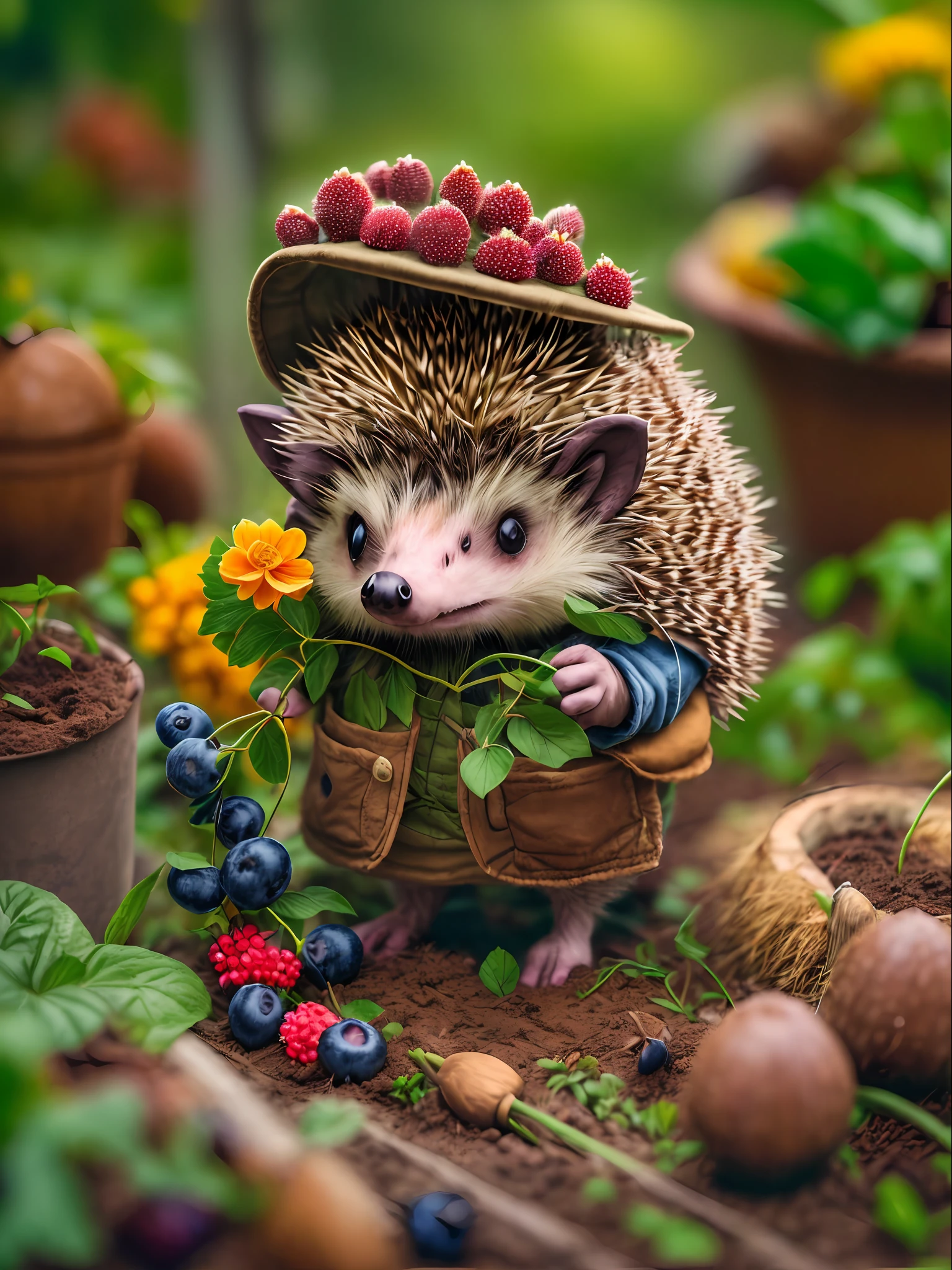 ((Anthropomorphic hedgehog ((in a gardener's costume)) picks berries and flowers in the garden)), On the table is a delicious cake and a bouquet of flowers, Lightroom, Cinematic, HDR, Soggy, an intricate, hiquality, Calm tones, Complicated details, low contrast