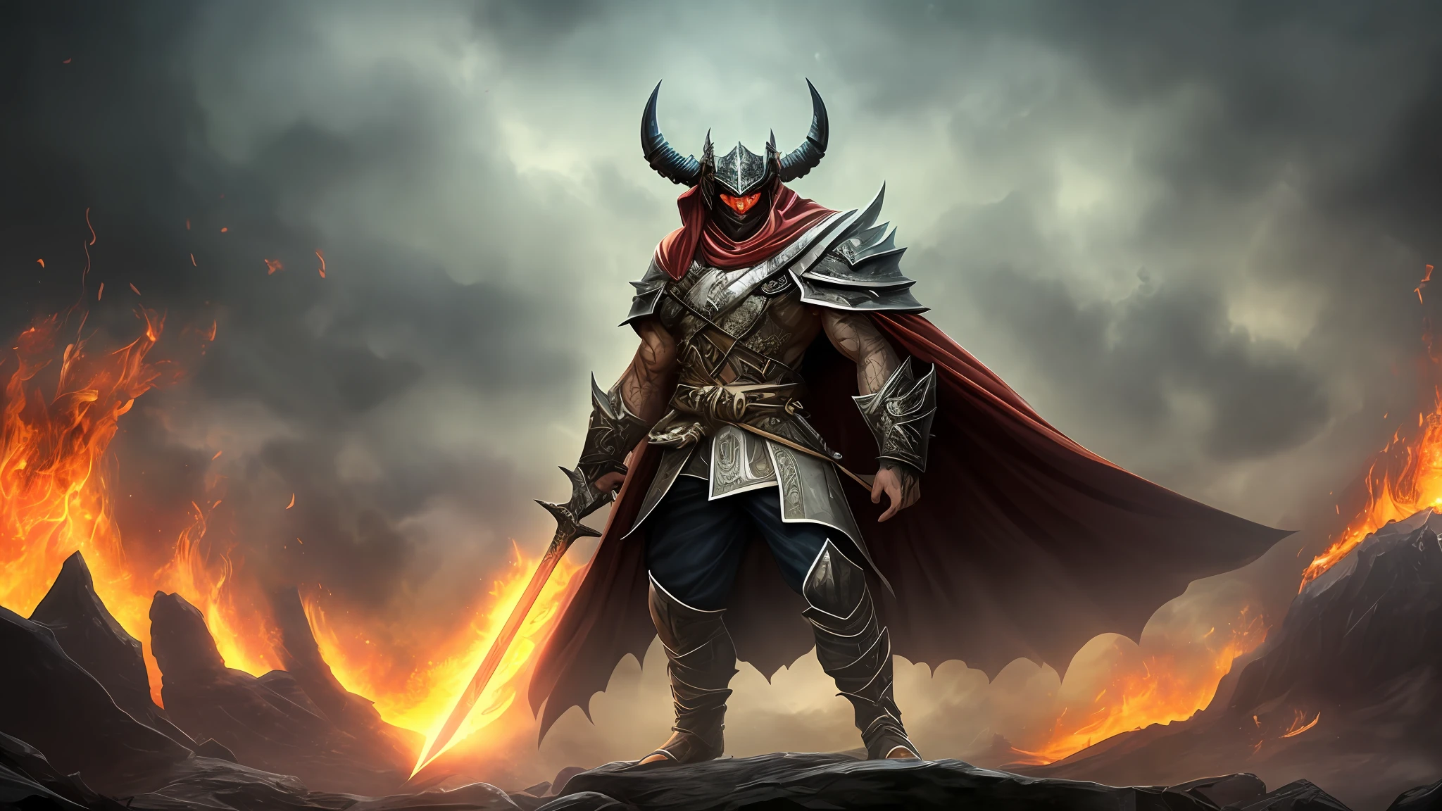 ((masterpiece))), (((best quality))), ((ultra-detailed)), (hyper-realistic), (highly detailed CG illustration), cinematic light, photorealistic, In a realm of perpetual twilight, a male demonic warrior clad in full black armor stands sentinel atop a jagged cliff, his imposing figure shrouded in shadows. His armor, a seamless fusion of obsidian plates and sinuous leather, molds to his form with an uncanny grace. Atop his head, a pair of twisted horns curl menacingly, a symbol of his infernal heritage. A billowing cape of deep crimson and ebony flows from his shoulders, its edges resembling the flickering flames of a sinister fire. A wicked, serrated sword rests in his grip, its blade wreathed in ghostly blue flames that dance and writhe in the dim light. The realm's eerie twilight casts a haunting and ethereal glow on the landscape, revealing towering spires and gnarled trees that seem to bow to the warrior's presence. As he gazes out into the horizon, his eyes burn with a smoldering intensity, embodying the torment and power that reside within him. --auto --s2