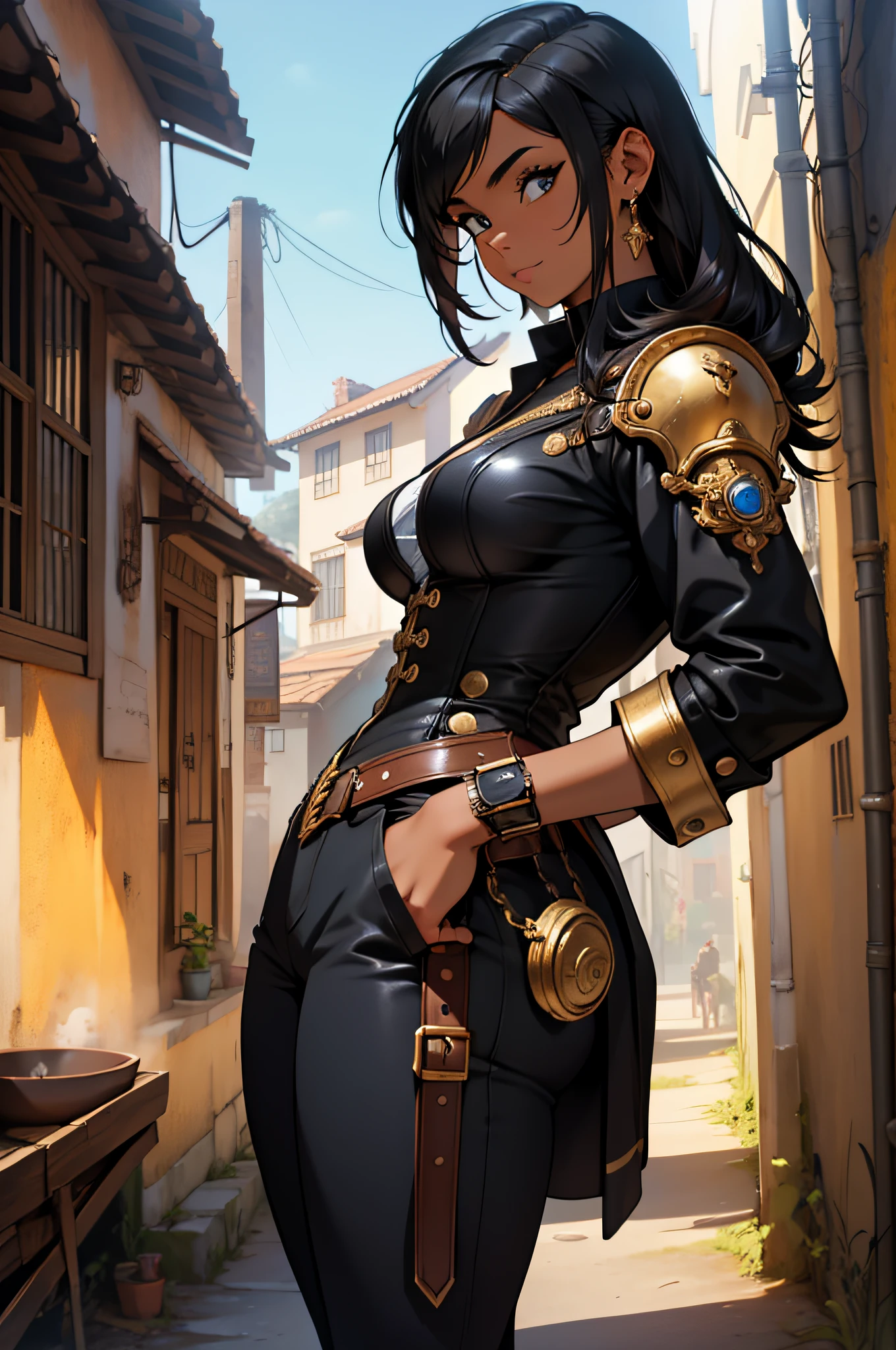 Homeme Jovem de pele negra, cabelo curto castanho , roupa rasgada estilo steampunk, sentado no esgoto