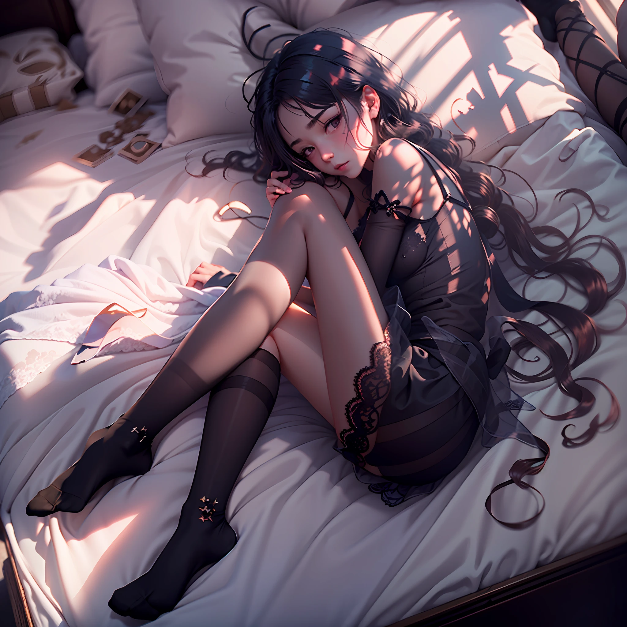 girl lay on bed, wearing a Light and transparent black lace strap facing the camera reveals, charming pale, wearing black socks, in bedroom, fantastic shadow and light, 8K, 3D, awesome detailed and lighting, photograph, close up, from above –niji 5, sfw