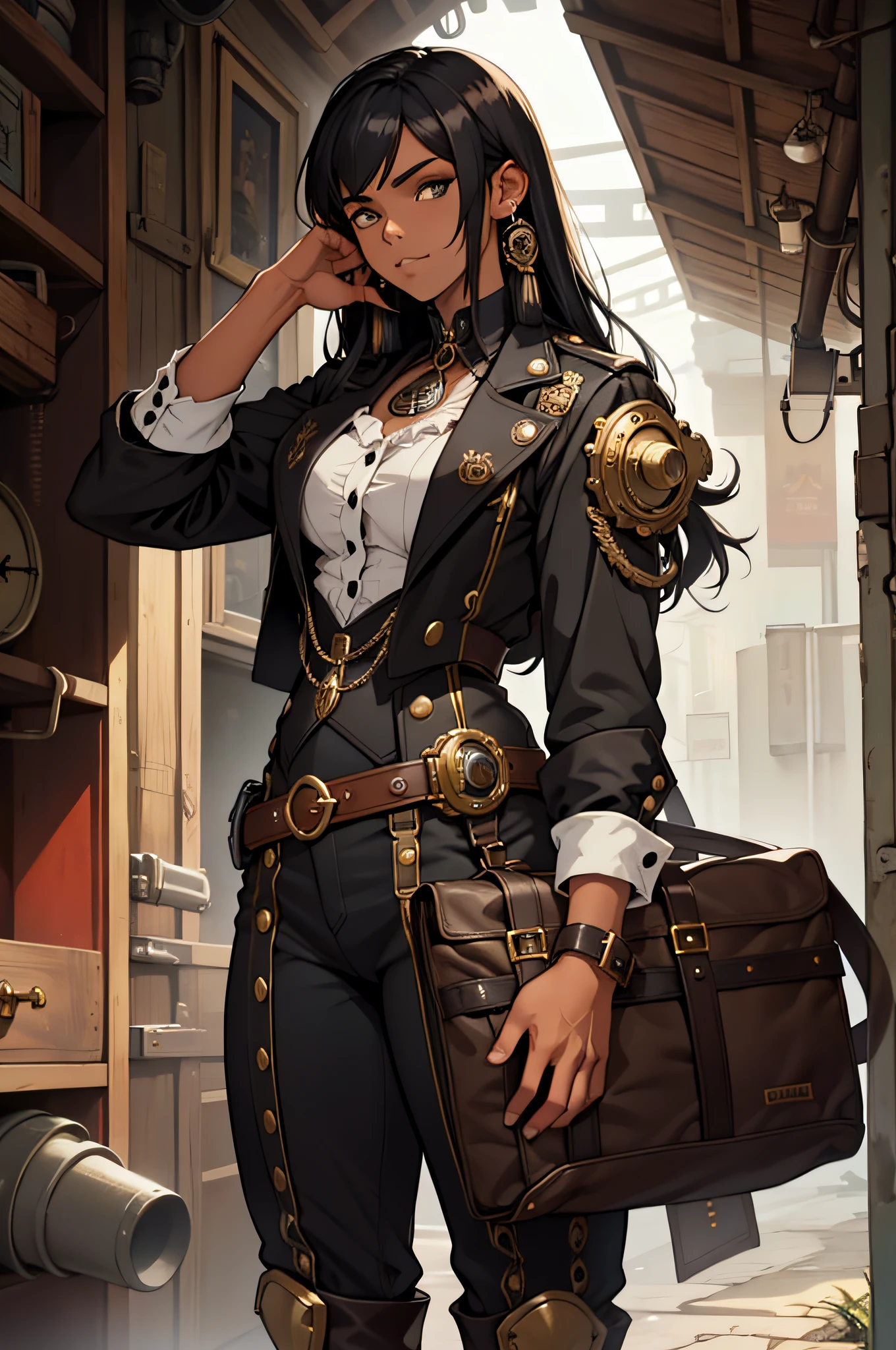 Homeme Jovem de pele negra, cabelo curto castanho , roupa rasgada estilo steampunk, sentado no esgoto