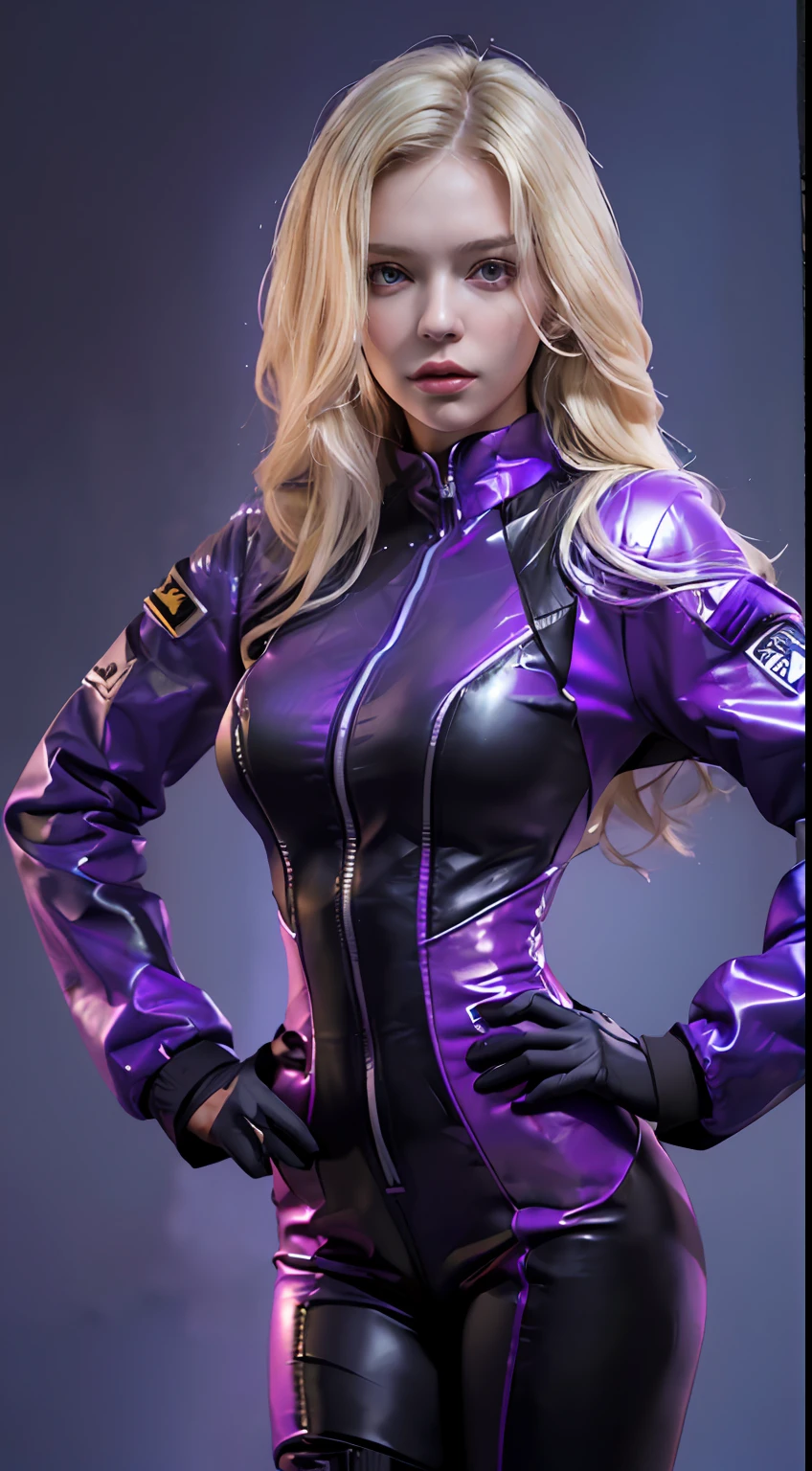 (Character: one russian woman, long wave hair, blonde hair, lean body, tall)
(Clothing:   purple futuristic jumpsuit, black jacket, leg holster, knee pad, boots)
(Pose: full body shot:1.7, perfect proportions, (face detailed))
(simple background)
(((masterpiece:1.5)),, photo-realistic:1.3, hyperrealistic, , high contrast, soft lighting)