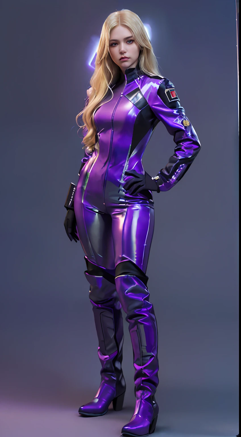 (Character: one russian woman, long wave hair, blonde hair, lean body, tall)
(Clothing:   purple futuristic jumpsuit, black jacket, leg holster, knee pad, boots)
(Pose: full body shot:1.7, perfect proportions, (face detailed))
(simple background)
(((masterpiece:1.5)),, photo-realistic:1.3, hyperrealistic, , high contrast, soft lighting)