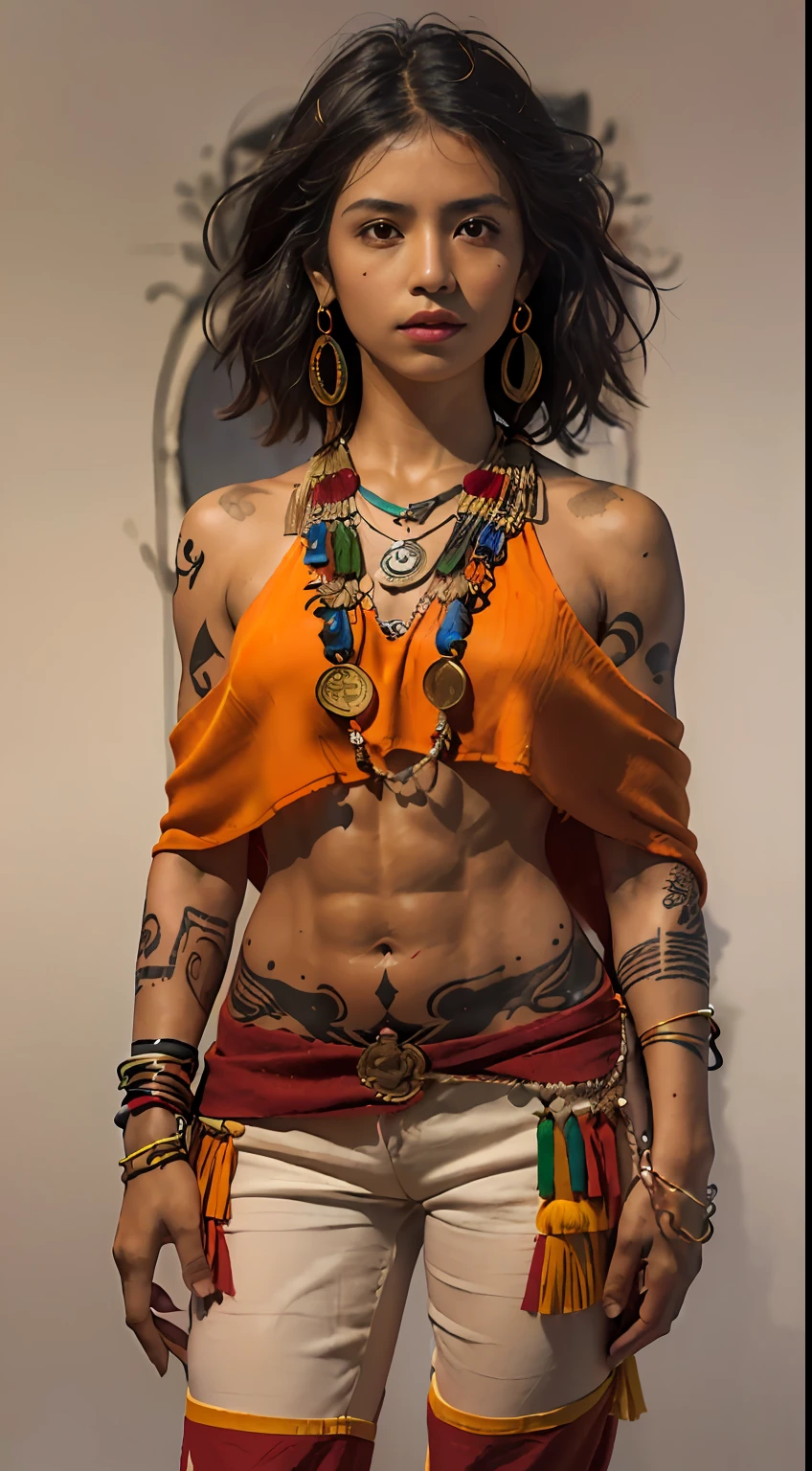 (Character: one mexican woman, mystic, brown skin, medium messy hair, abs, happy) 
(Clothing: orange inca poncho, inca pants, amulets, inca tattoos, boots)
(Pose: full body shot:1.7, perfect proportions, (face detailed))
(simple background)
(((masterpiece:1.5)),, photo-realistic:1.3, hyperrealistic, , high contrast, soft lighting)