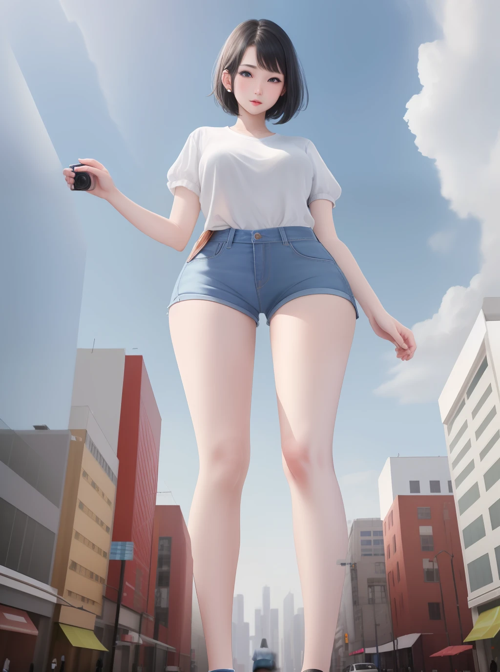 very tall,extremely tall giantess,1girl, short black hair, blue eyes, wearing plain white shirt, denim shorts, city, absurdres, high res, ultrasharp, 8K, masterpiece, looking at viewer,GTS