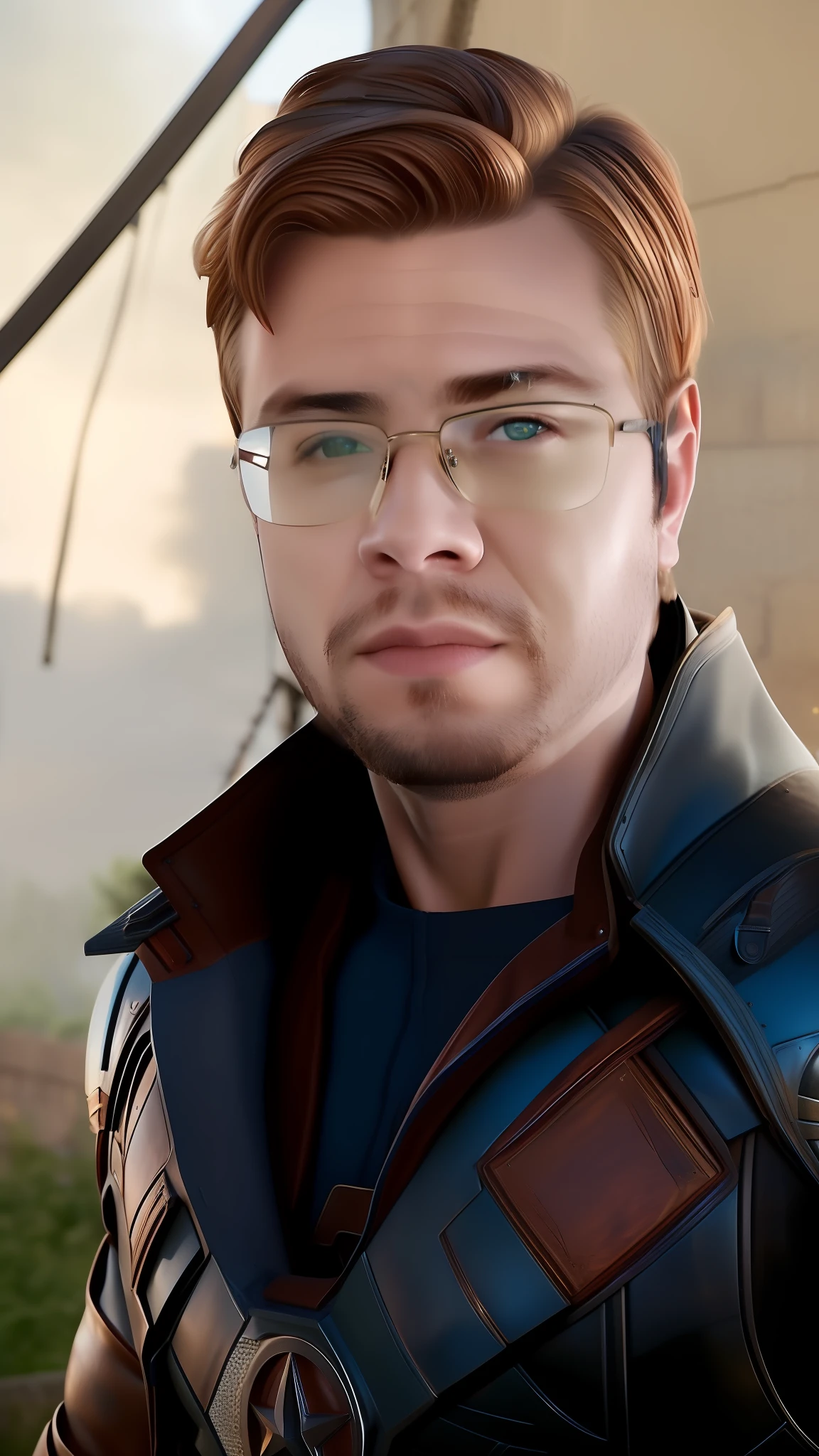 Steve Rogers / Captain America, natural facial expressions, Beautiful, Dramatic, Arrojado, penteado premiado, is a true masterpiece of masculine beauty, o rosto como no filme, perfecting the anatomical perfection of a man standing tall in an abandoned city. The studio's lighting highlights the film-like armor, which boosts your confidence. The scenery is lush and mysterious, com a cidade escura e seus arredores. The camera details everything. Ao olhar em belos olhos, there are eyes that will attract people. His gaze is on the viewer, you can clearly see every small detail, cada linha perfeita, cada detalhe de couro bonito com qualidade 8K, people are captivated by the confidence radiating from each eye. His head is framed with brown blonde hair and his face is drawn in meticulous detail using 8K quality images.
