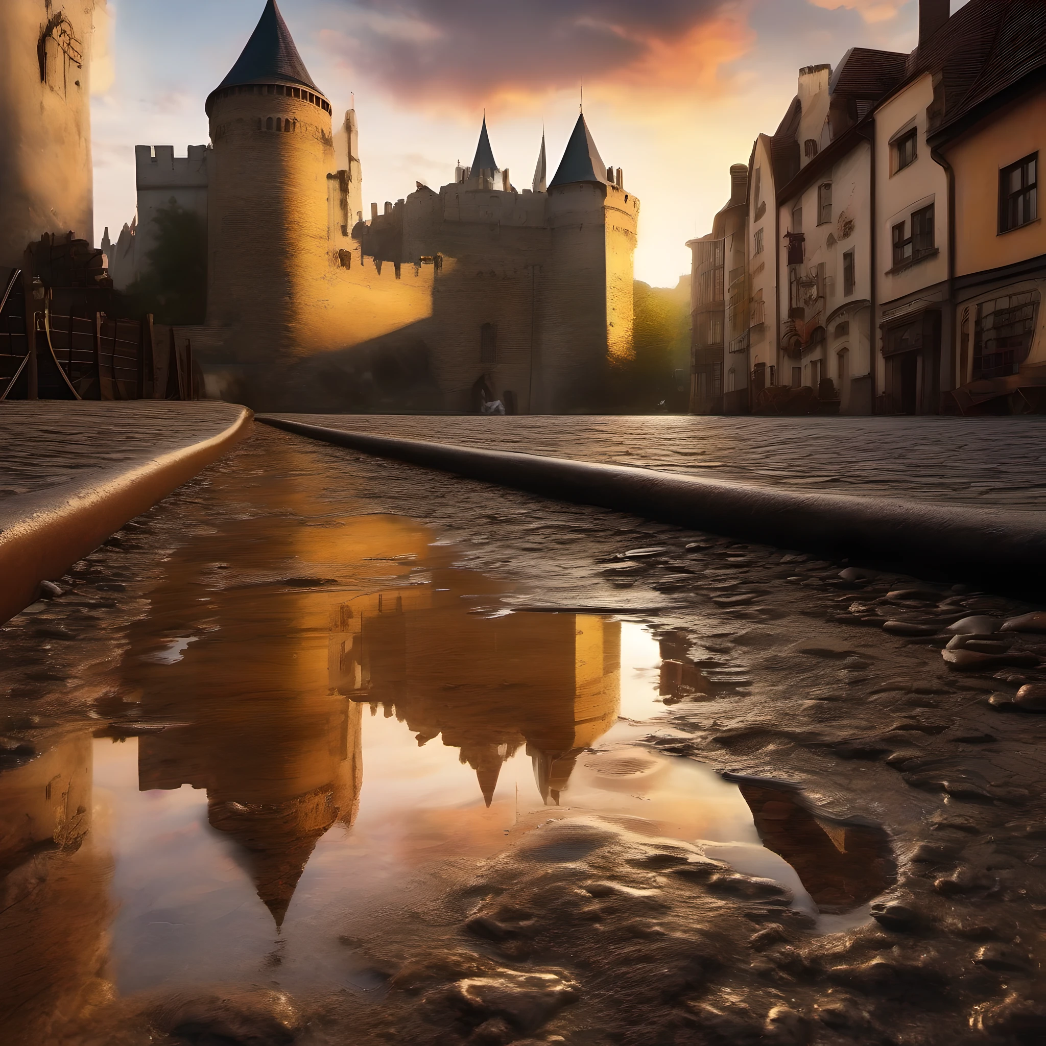 Medieval city, very dirty narrow streets, puddles, mud. In the background you can see a huge castle with battlements, sunset, UHD, high quality photography, style of Raymond Swanland