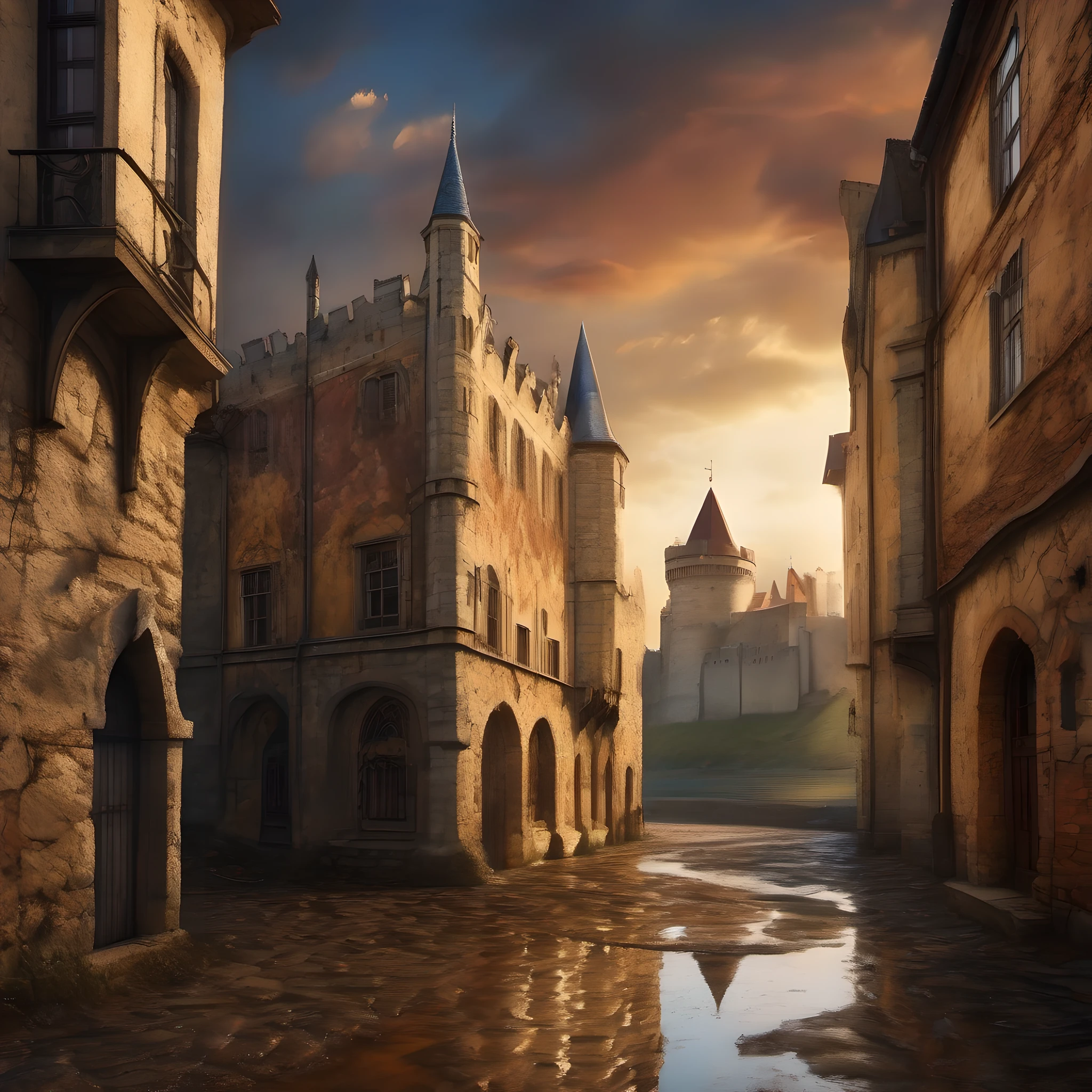 Medieval city, very dirty narrow streets, puddles, mud. In the background you can see a huge castle with battlements, sunset, UHD, high quality photography, style of Raymond Swanland