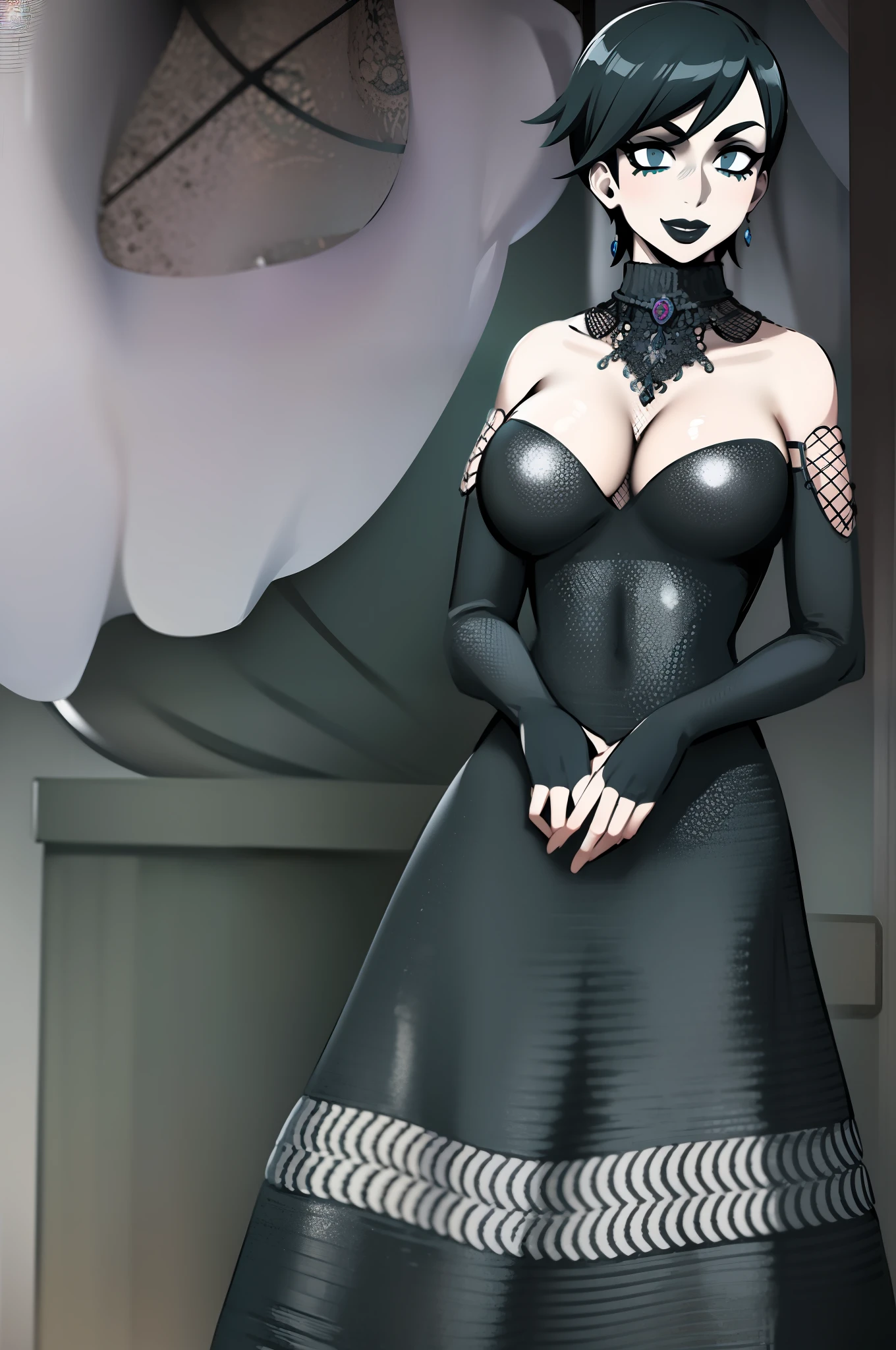 Cheveux courts, long dress, chiffons noirs, tomboy, cheveux noirs, maquillage, Goth, verre,sein moyen, christian, Croix latine, seul, forest, full clothed, victorian cloths, Jupe longue, marche, portait, corps entier, black lips, long skirt