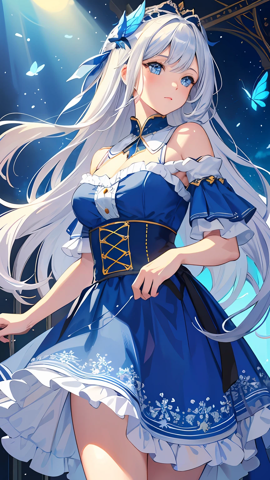 (illustration:1.1),(Best quality),(Masterpiece:1.1),(beautiful and clear background:1.25),(Masterpiece, Best quality, Ultra-detailed), (Photorealistic), (Beautiful detailed eyes),
Stage,stage light,(Hair), 
，blue skirts，1girll，blue color eyes，long  white hair，Flying blue butterflies，
Bare shoulders