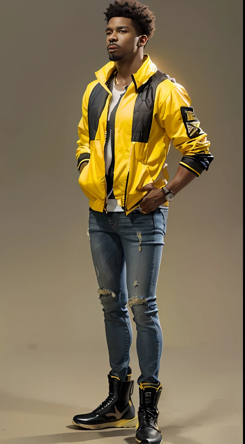(Character: one afro-american man, military, black short hair, (athletic body)) 
(Clothing:  yellow jacket, shirt, jeans, boots)
(Pose: full body shot:1.7, perfect proportions, (face detailed))
(simple background)
(((masterpiece:1.5)),, photo-realistic:1.3, hyperrealistic, , high contrast, soft lighting)