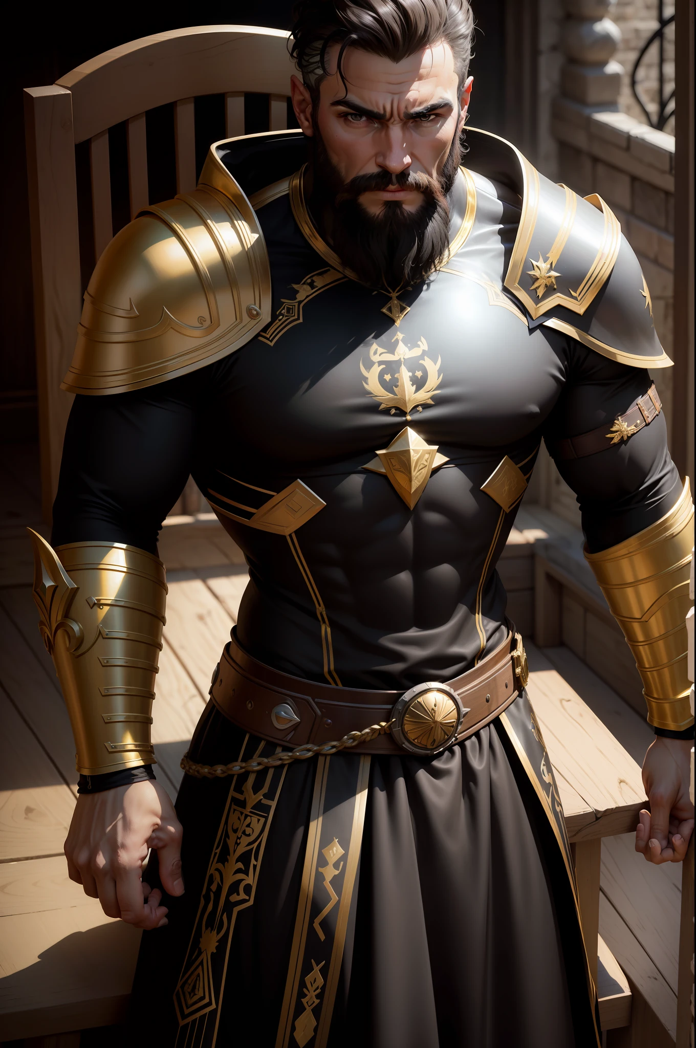 Ultra realista , alta resolução , ultra 8K , Homem com barba cheia , 40 anos , athletic body with black armor and gold color , vestimentas de Rei, um cavaleiro Rei, Ultra resolution , Trono do castelo