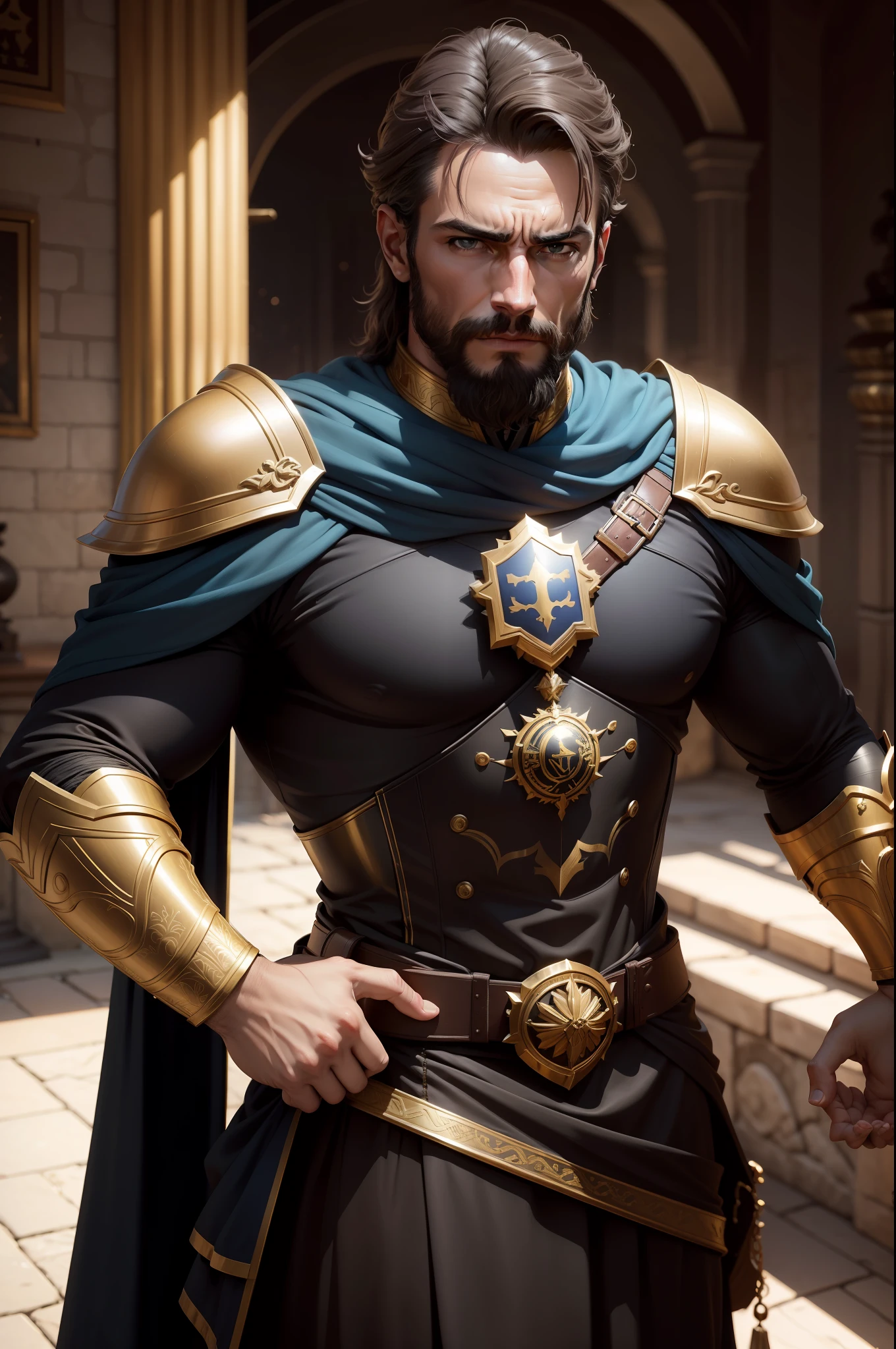 Ultra realista , alta resolução , ultra 8K , Homem com barba cheia , 40 anos , athletic body with black armor and gold color , vestimentas de Rei, um cavaleiro Rei, Ultra resolution , Trono do castelo