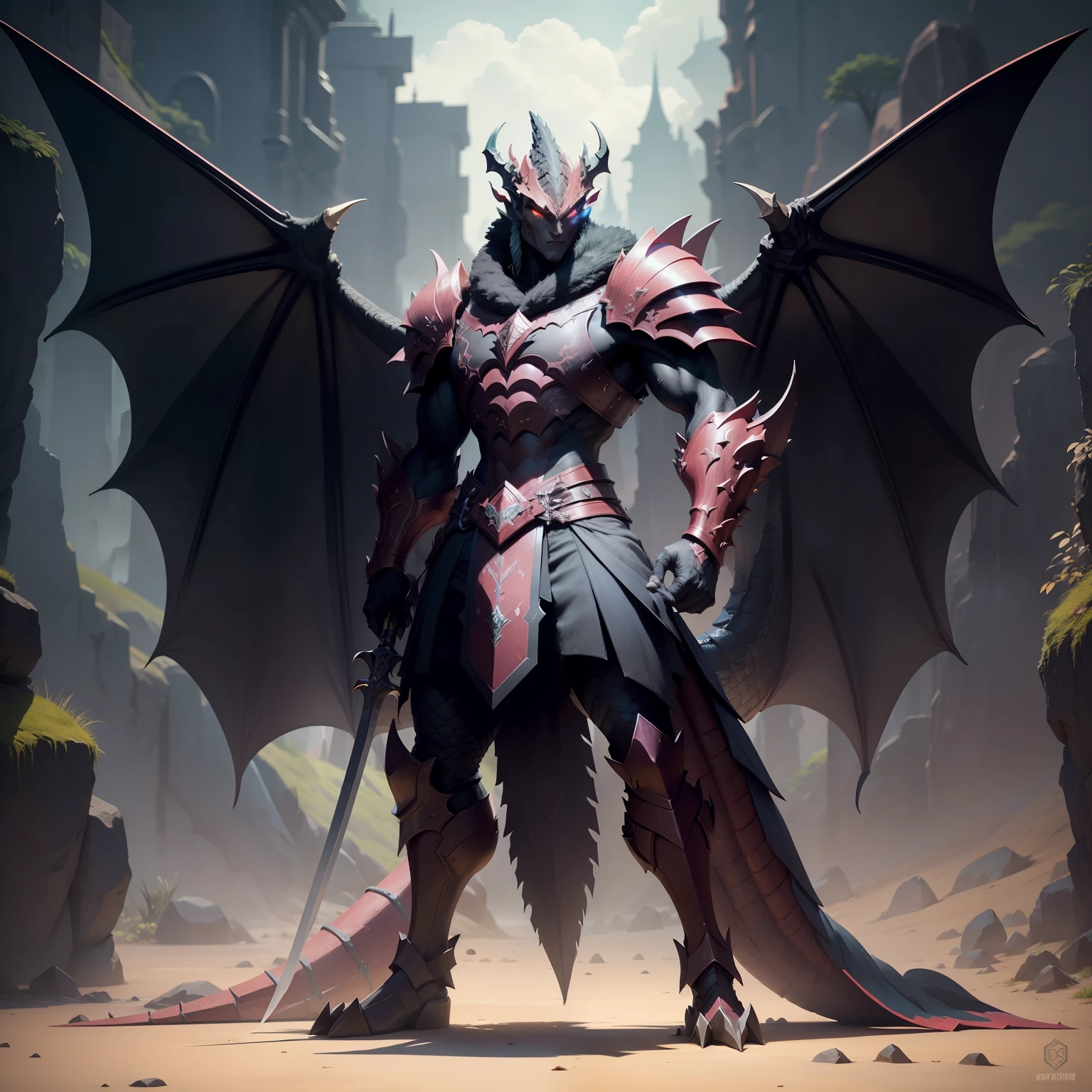 A closeup of a dragon with a sword on a black background, as a badass monster hunter, arte dnd fantsay, human and dragon fusion, a baddass dragon, palete de cores hyper light drifter, full body dragon concept, but as an anthropomorphic dragon, Great character design, monster hunter monster, dragon inspired armor, guerreiro reptiliano