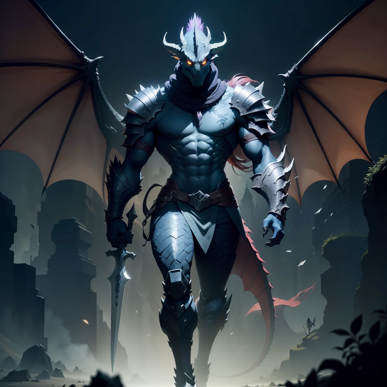 A closeup of a dragon with a sword on a black background, as a badass monster hunter, arte dnd fantsay, human and dragon fusion, a baddass dragon, palete de cores hyper light drifter, full body dragon concept, but as an anthropomorphic dragon, Great character design, monster hunter monster, dragon inspired armor, guerreiro reptiliano