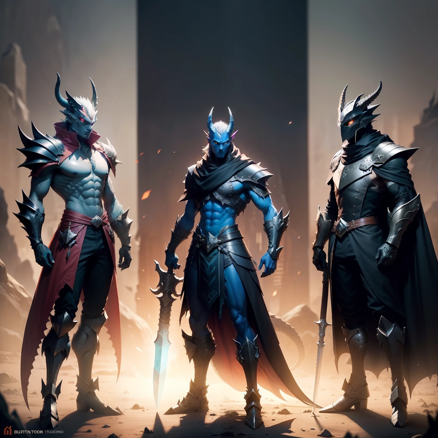 A closeup of a dragon with a sword on a black background, as a badass monster hunter, arte dnd fantsay, human and dragon fusion, a baddass dragon, palete de cores hyper light drifter, full body dragon concept, but as an anthropomorphic dragon, Great character design, monster hunter monster, dragon inspired armor, guerreiro reptiliano