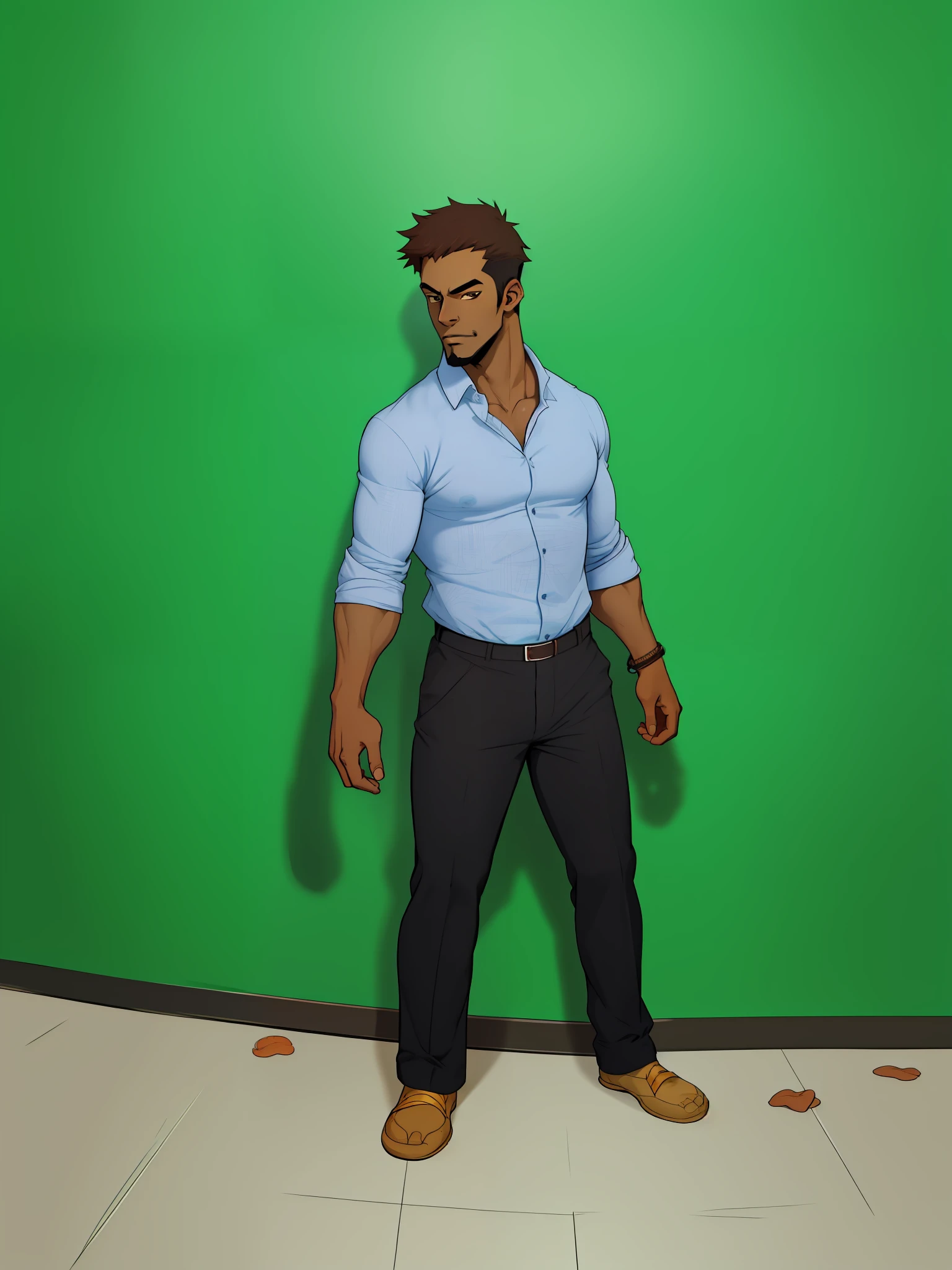 turn this man to cartoon style, brown skin, blue color shirt,handsome man , black jin pant