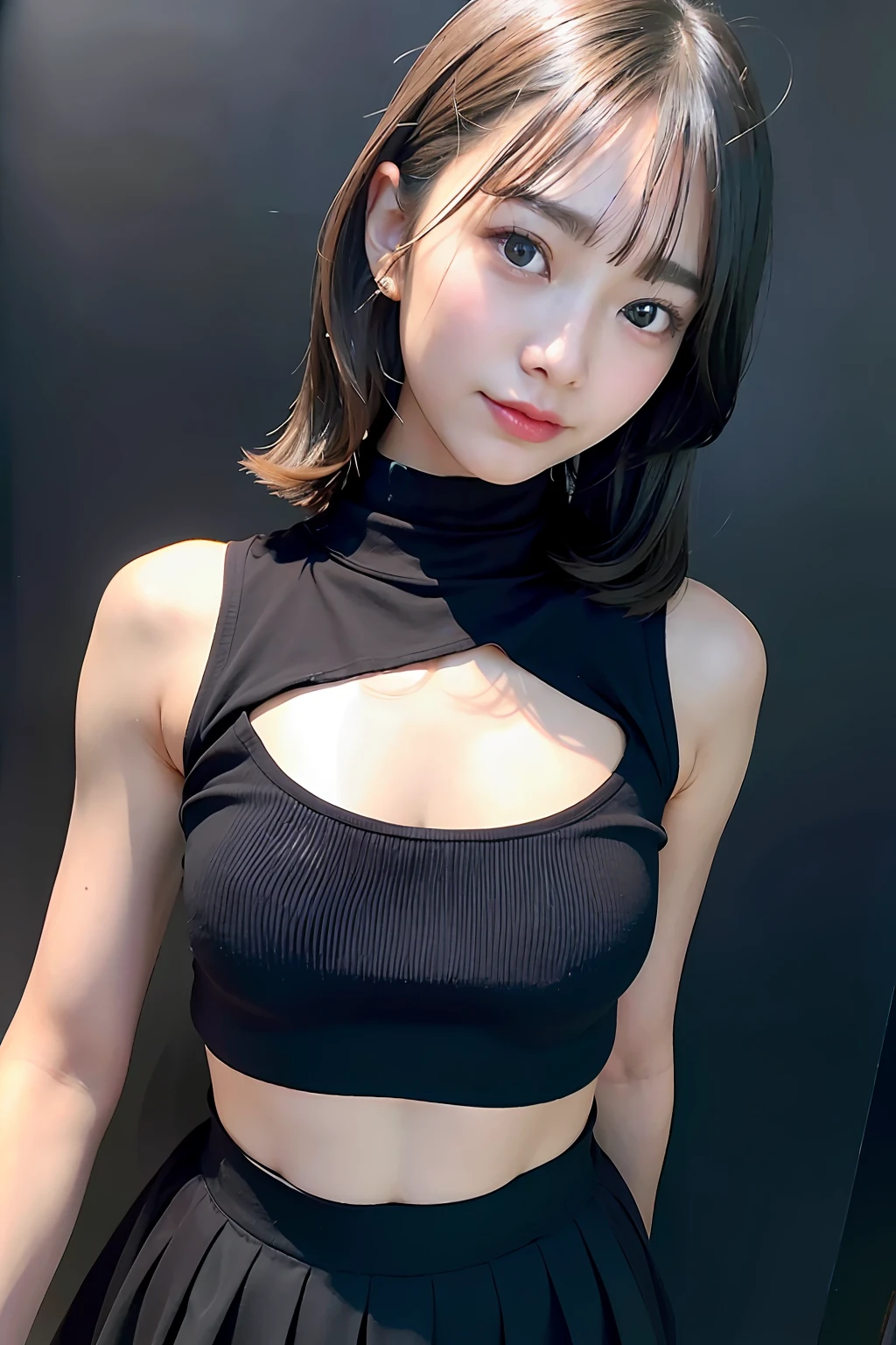 top-quality、超A high resolution、(Photorealsitic:1.4)、女の子1人、Off-shoulder white shirt、Black tight skirt、Black choker、(faded ash gray hair:1)、(huge-breasted:1.2)、looking at viewert、a closeup、(Loose clothes、Ultra-thin fabric:1.2)、((small areolas、small tits:1.3))、happy smail、(Fine and ultra-realistic eyebrows)