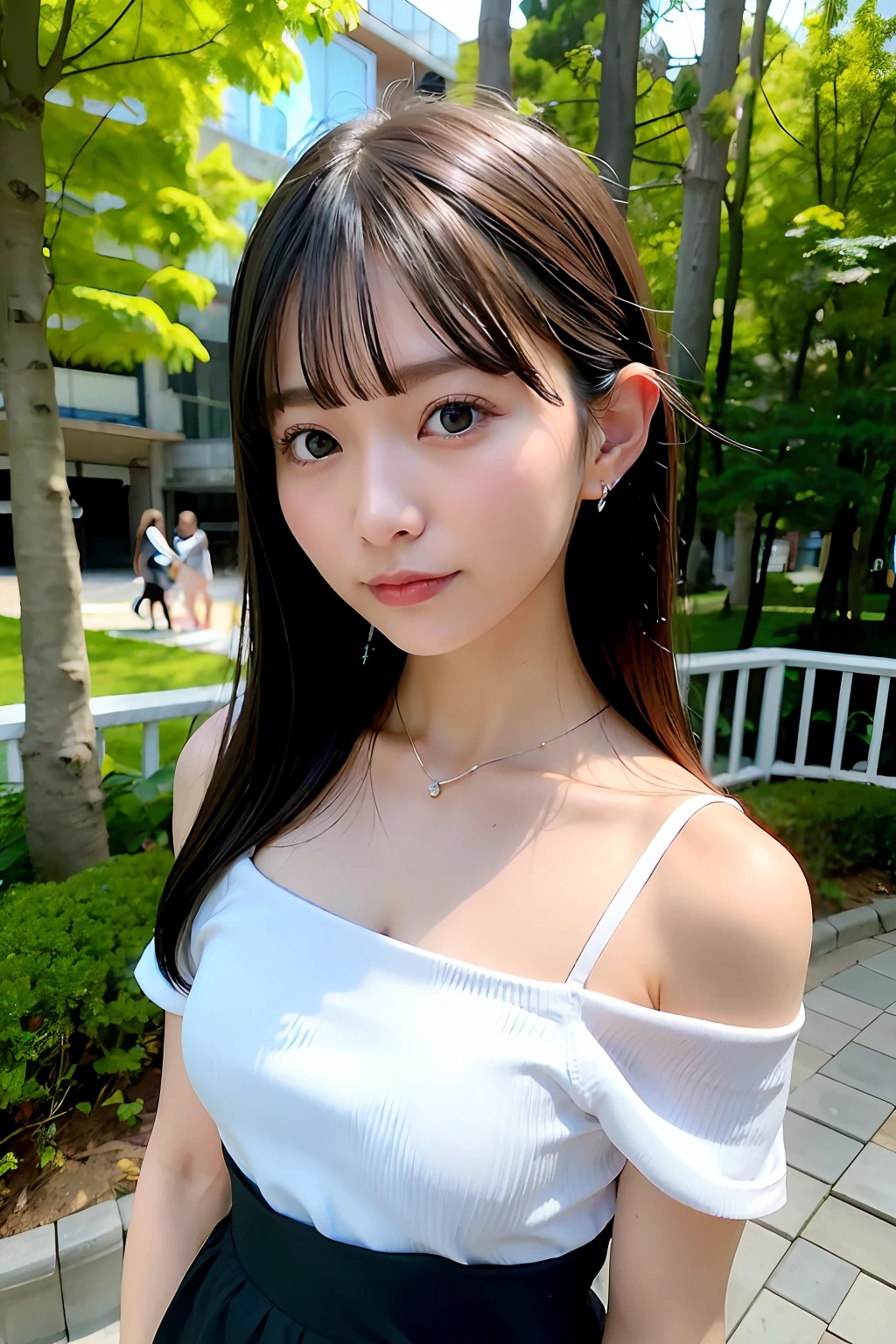 top-quality、超A high resolution、(Photorealsitic:1.4)、女の子1人、Off-shoulder white shirt、Black tight skirt、Black choker、(faded ash gray hair:1)、(huge-breasted:1.2)、looking at viewert、a closeup、(Loose clothes、Ultra-thin fabric:1.2)、((small areolas、small tits:1.3))、happy smail、(Fine and ultra-realistic eyebrows)