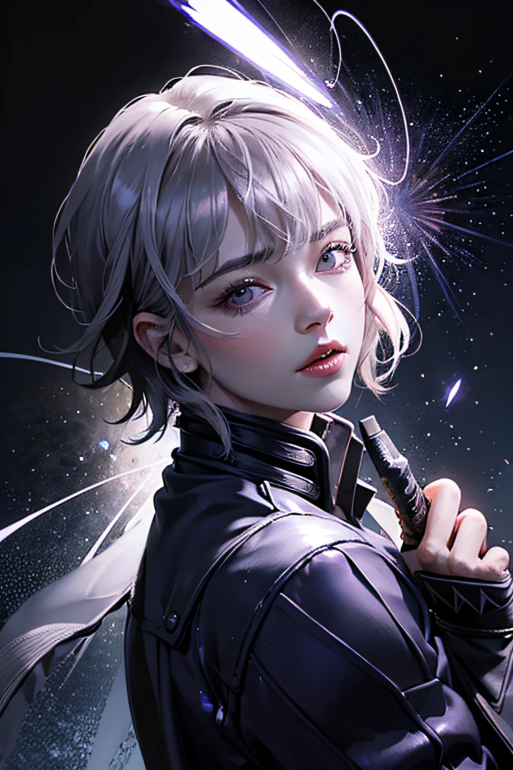 tmasterpiece、Need、photorealestic、1man、malefocus、mature、tall muscular、Handsome、【thick eyebrow】、portrait、Extremely detailed face、whaite hair、（short detailed hair），((full bodyesbian）（magia，raiden，spark of light，drastic）