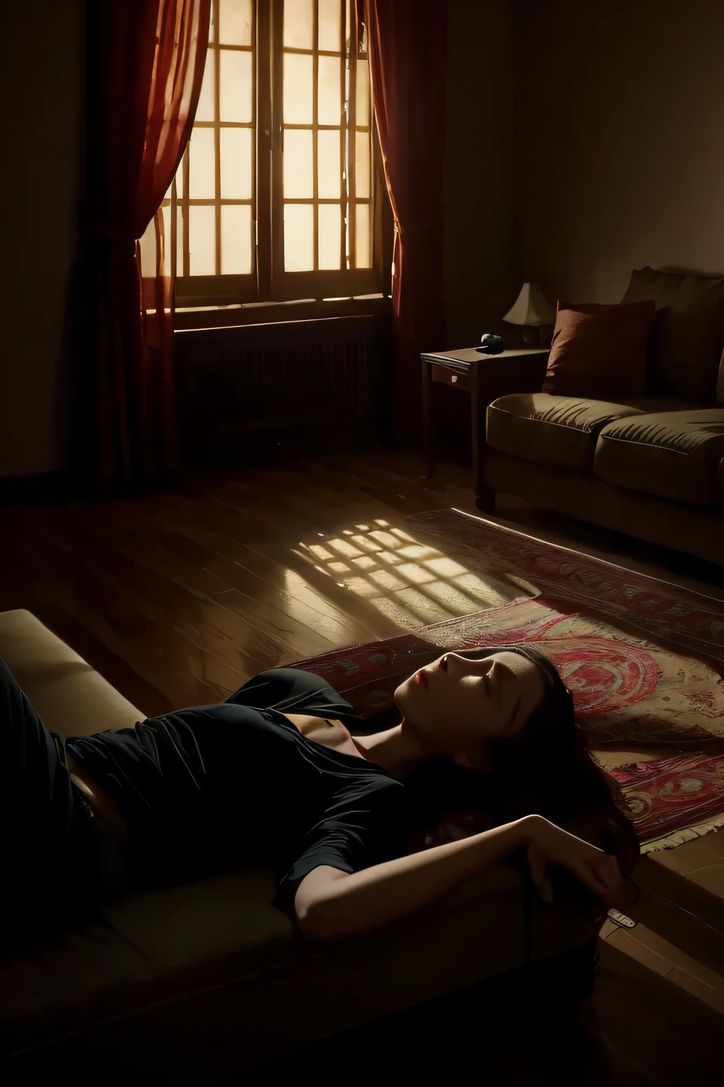Screen 1:Depicts a dimly lit living room,The curtains are half-drawn,The faint light through the window illuminated the body of a young woman。She was lying on the couch,face drawn and pale,Keep your eyes closed。There was an atmosphere of oppression and unease in the room。