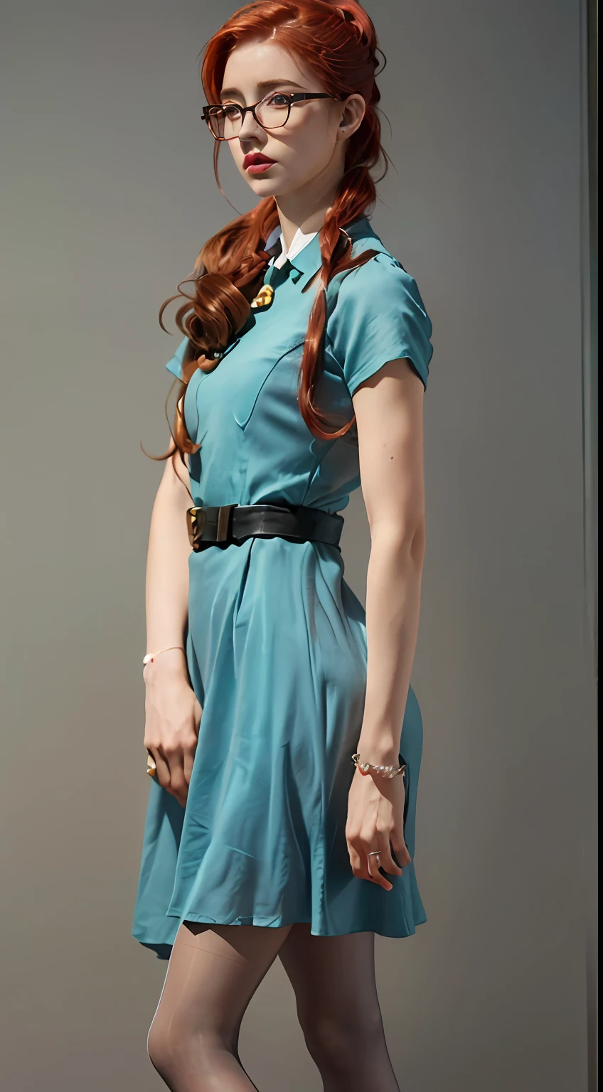 (Character: one irish woman, (30 years old), red hair, long ponytail hair)
(Clothing: cyan vintage dress, glasses, pantyhose, high heel boots)
(Pose: full body shot:1.7, perfect proportions, (face detailed))
(simple background)
(((masterpiece:1.5)),, photo-realistic:1.3, hyperrealistic, , high contrast, soft lighting)