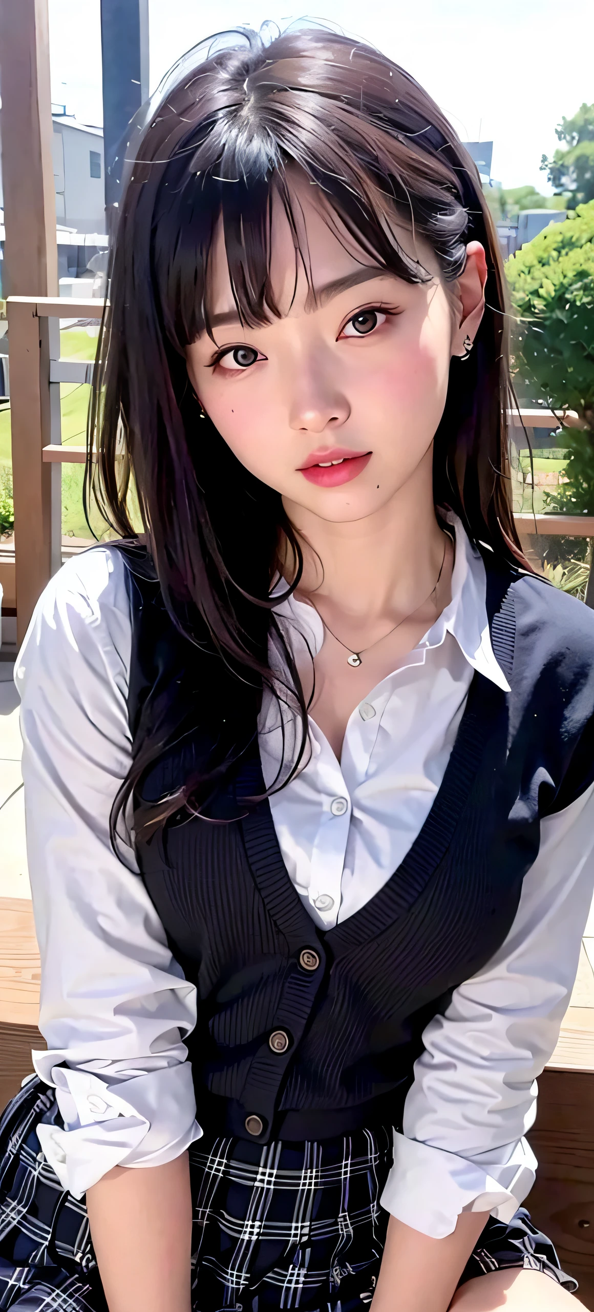 ((top-quality、8K、masterpiece:1.3, Photorealsitic:1.4)), {{{1 female}}}, ((all-fours:1.4)), (((Japan schoolgirl uniform, sox))), cleavage, Japan schoolgirl, A dark-haired, With bangs, (Thicker thighs), a baby face:1.1, with round face:1.0, Highly detailed facial and skin texture, A detailed eye, Detailed lips、Highly detailed hair depiction, Natural makeup:1.2