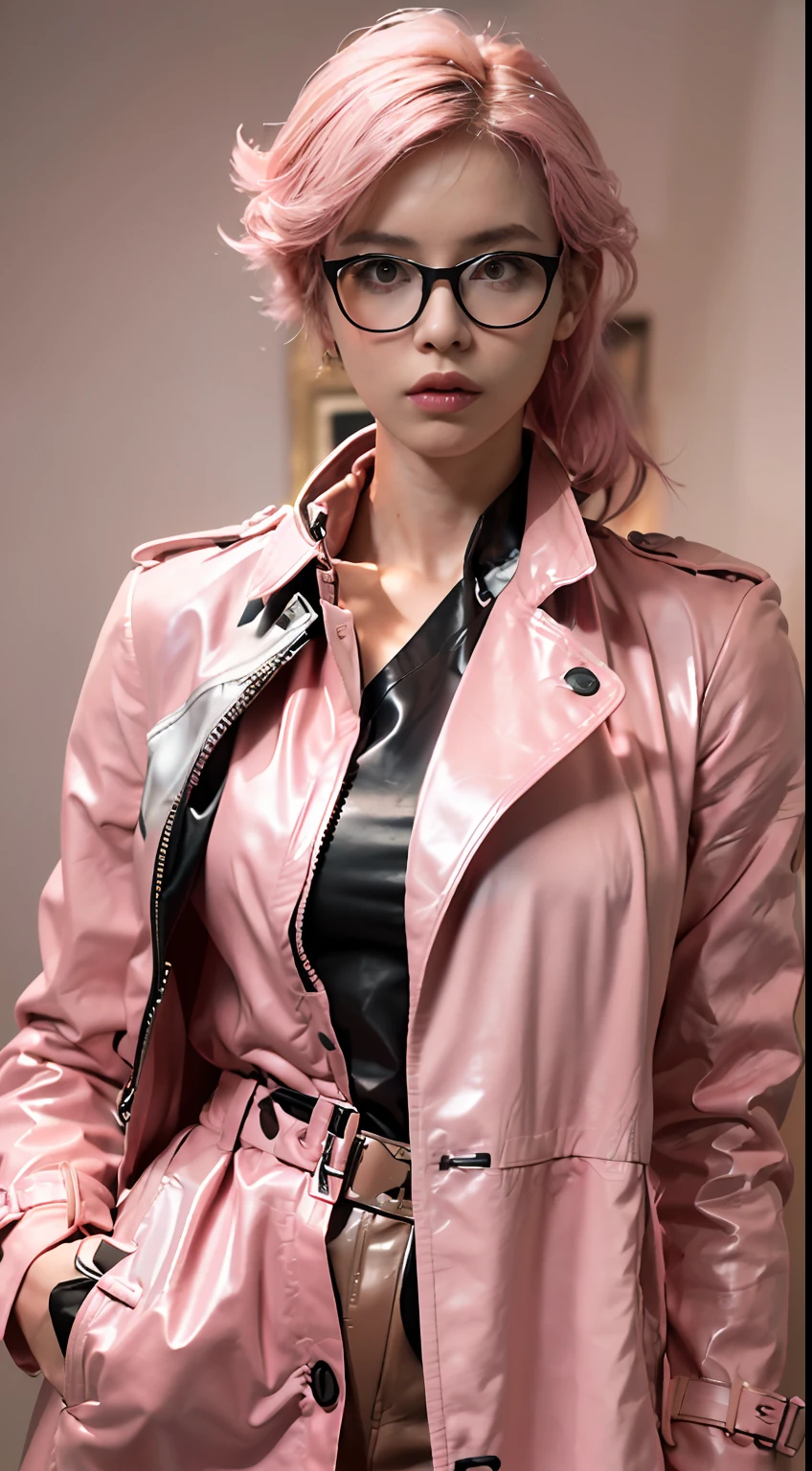 (Character: one french woman, pink shaved sides haircut )
(Clothing: pink trench coat, black shirt,, leather pants, boots glasses)
(Pose: full body shot:1.7, perfect proportions, (face detailed))
(simple background)
(((masterpiece:1.5)),, photo-realistic:1.3, hyperrealistic, , high contrast, soft lighting)