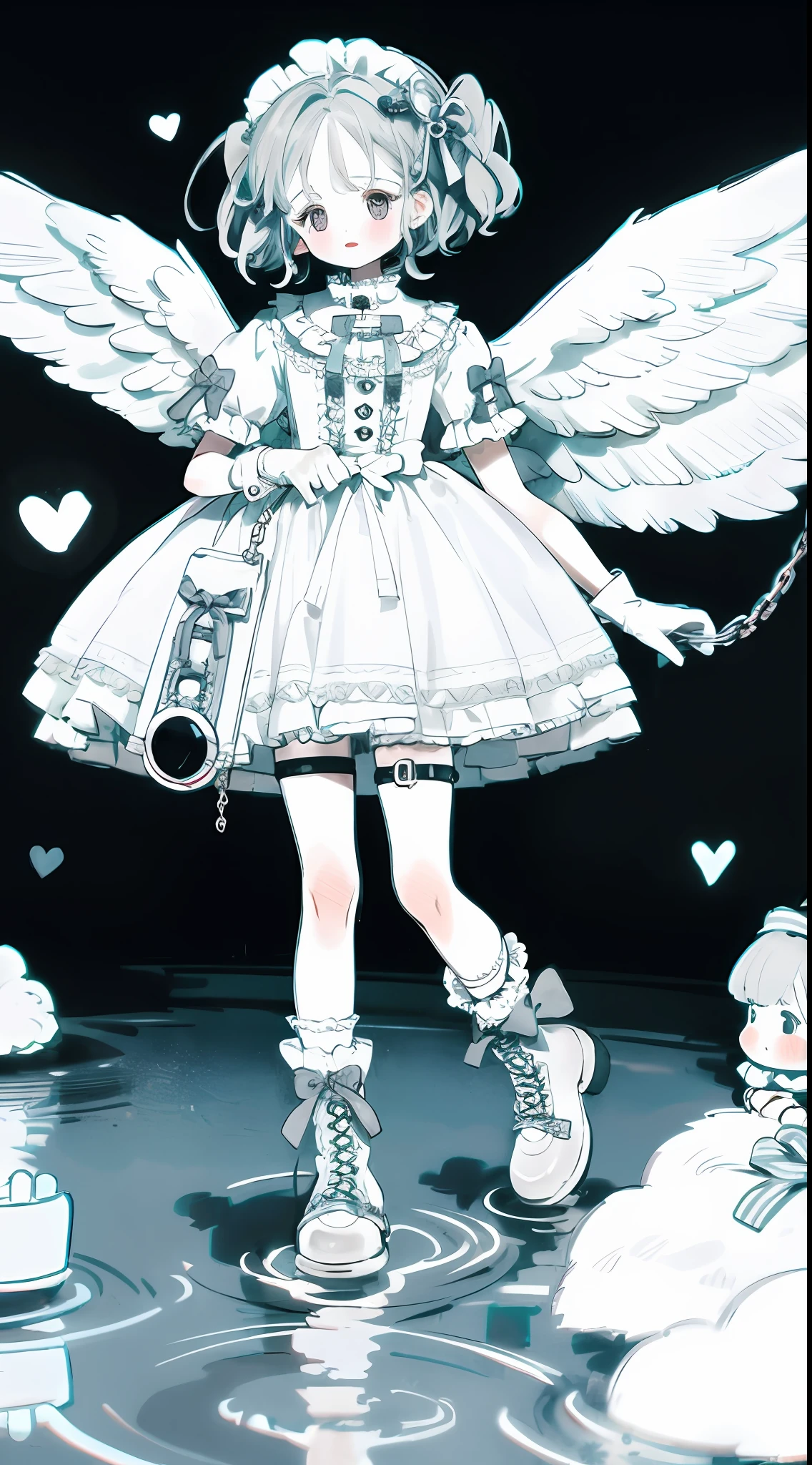 leg loops,leg holsters,mitts,very intricate,Exquisite,Complex hairstyles,tightly dress,frilld,Bow knot,ribbon,bandagens,Feathered wings,Wings,crosses,Y2K,E-girls,Emotional,non-mainstream,Pink gray hair,Love decoration,subculture,angelicales,white skirt,laughingly,Avant-garde and innovative clothing design,White high boots,chain,White platform shoes,White lace-up boots,leg holsters,thongs,Heart-shaped ornaments on chains,feater,flood,softlighting,soft focus,Dreamy,White fishnet socks,white headgear,High brightness,Low contrast