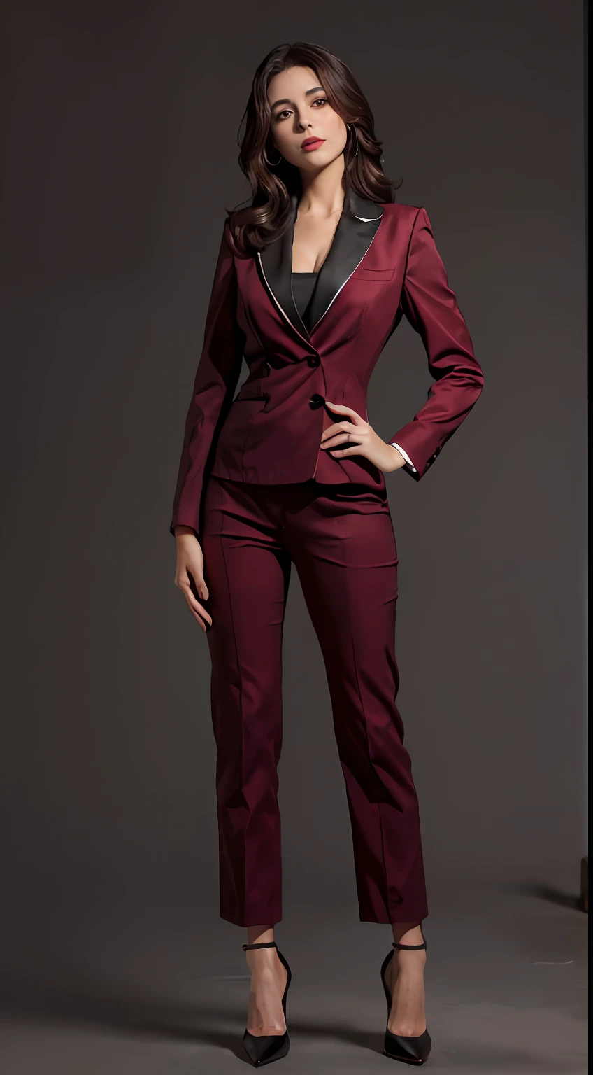 (Character: one Israeli woman, 30 years old, brunette, medium hair)
(Clothing: wine red lawyer clothes, high heels shoes)
(Pose: full body shot:1.7, perfect proportions, (face detailed))
(simple background)
(((masterpiece:1.5)),, photo-realistic:1.3, hyperrealistic, , high contrast, soft lighting)