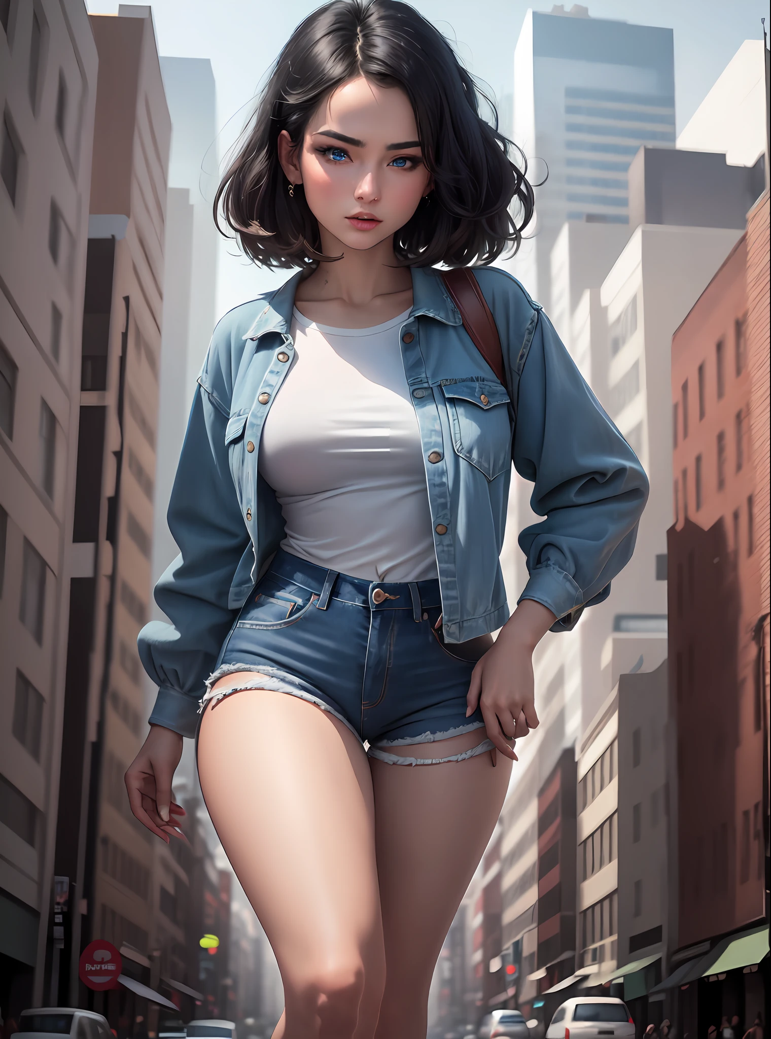 "A stunningly tall giantess, with short black hair and captivating blue eyes, wearing a plain white shirt and denim shorts, standing in a bustling cityscape. The artwork is of extraordinary quality, with absurdly high resolution, ultrasharp details in stunning 8K. The giantess is looking directly at the viewer, creating a mesmerizing masterpiece. GTS."