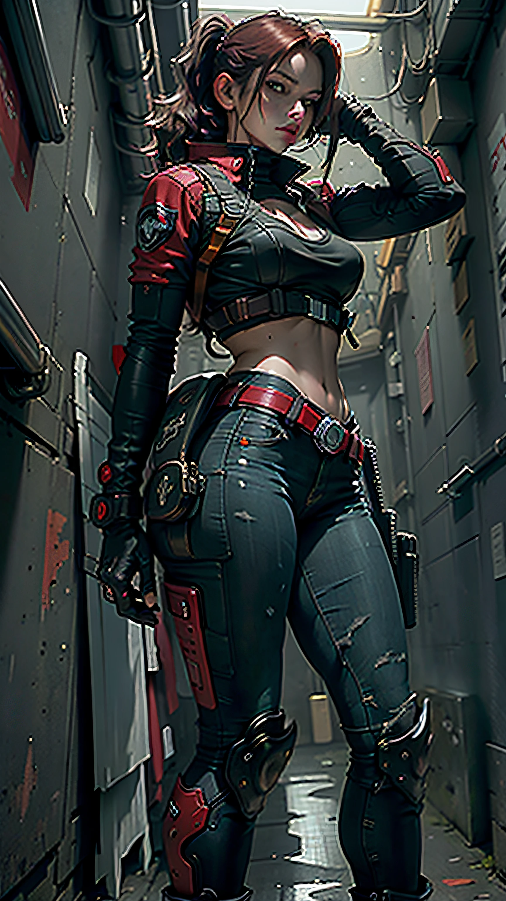 Claire Redfield com a roupa do Resident Evil 2, rosto altamente detalhado, sexy, corpo inteiro, cores ricas, bonito contraste, hiper realista, textura realista, 8K, motocicleta estilo Harley-Davidson, cidade noturna, neblina