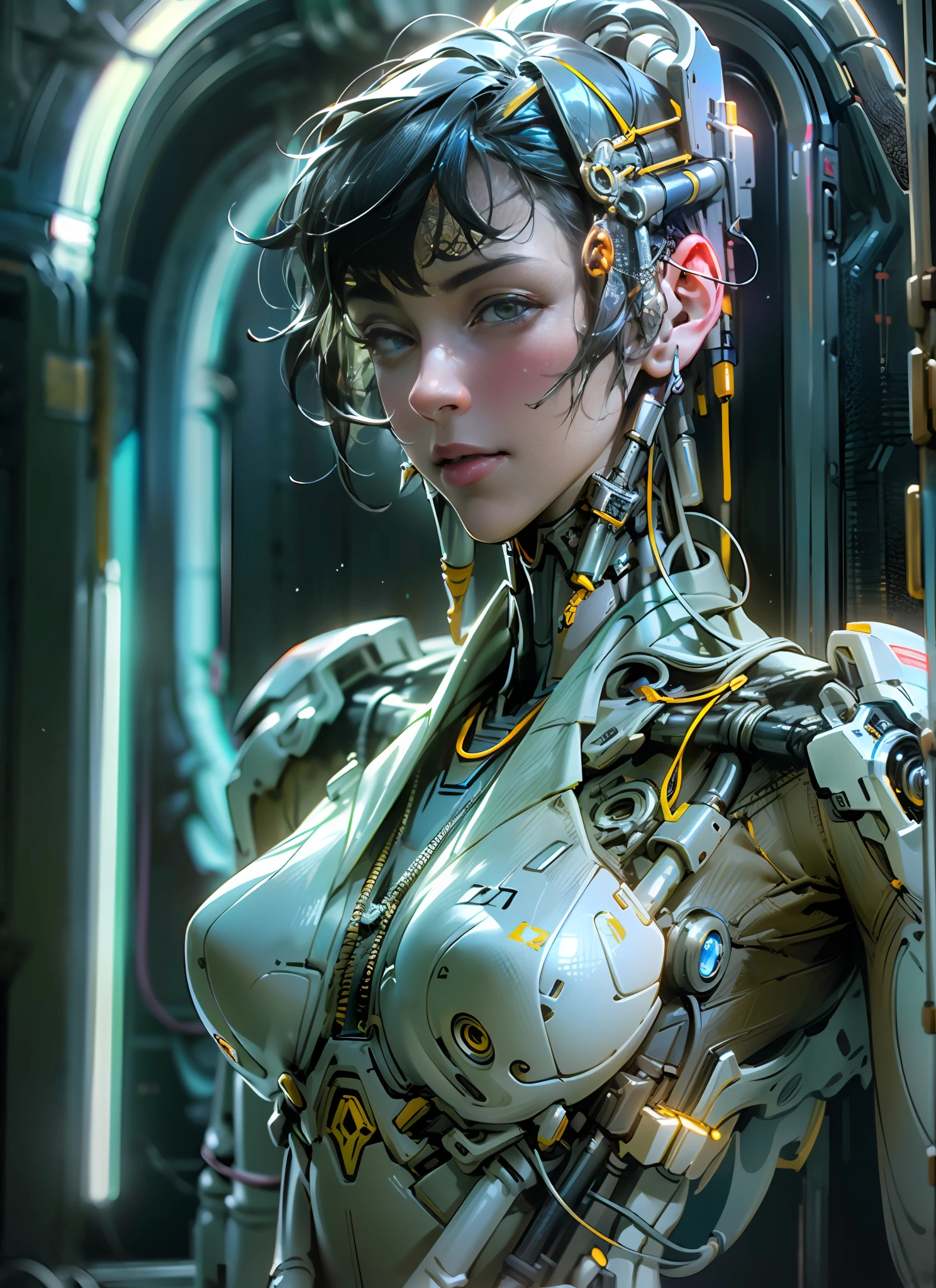 Top Quality, Masterpiece, Ultra High Resolution, ((Photorealistic: 1.4), Raw Photo, 1 cyberpunk android Girl, portrait, Glossy Skin, (Ultra Realistic Details)), mechanical limbs, tubes connected to the mechanical parts, mechanical vertebrae attached to the spine, mechanical cervical attachment to the neck, wires and cables connecting to the head, Evangelion, ((Ghost in the Shell)), small glowing LED lamps, global lighting, deep shadows, Octane Rendering, 8K, Ultra Sharp, Metal, Intricate Ornament Details, baroque details, Very intricate details, realistic light, CGSoation trend, facing the camera, neon details, (android manufactory in background), art by H.R. Giger and Alphonse Mucha.