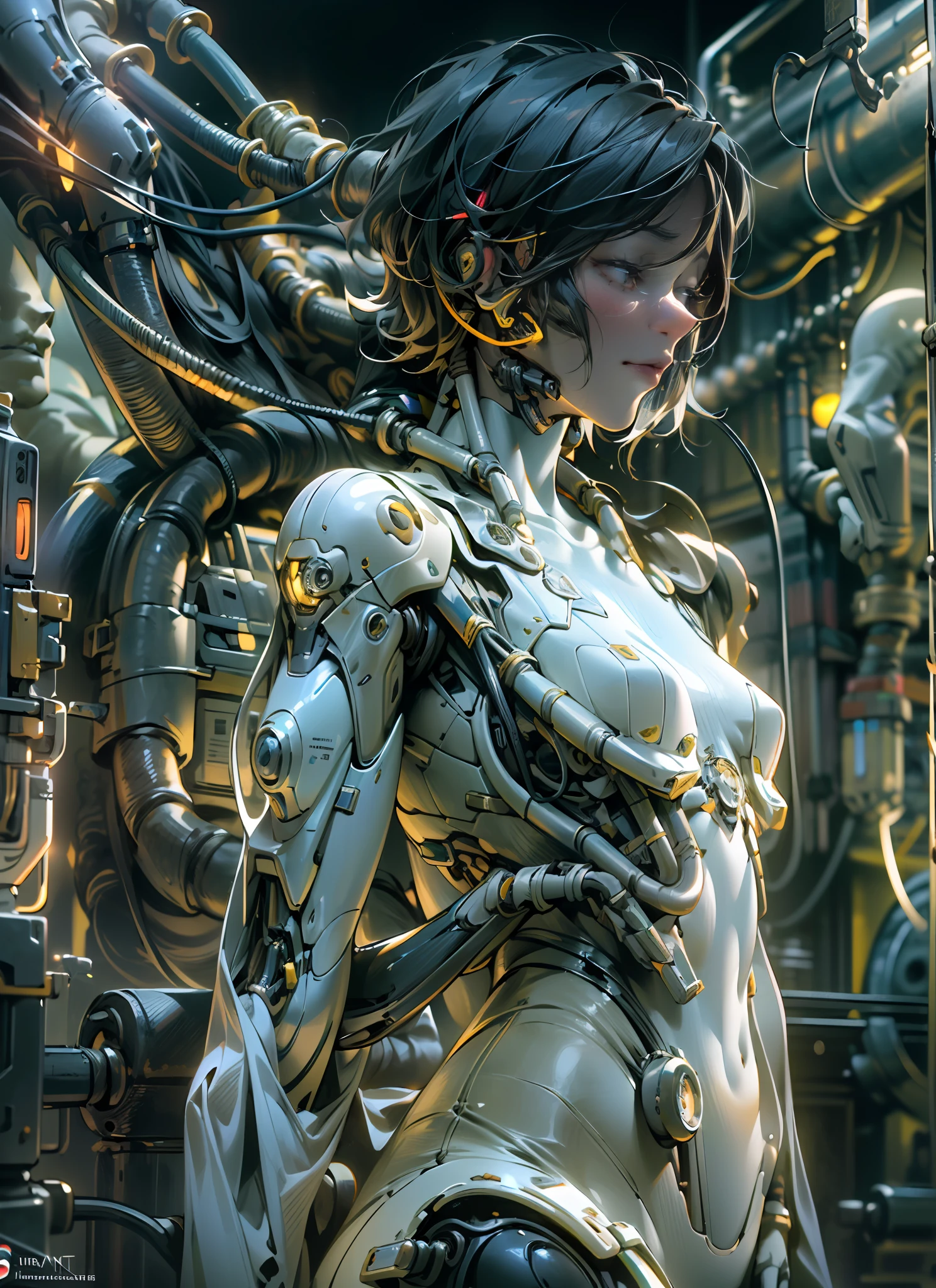 Top Quality, Masterpiece, Ultra High Resolution, ((Photorealistic: 1.4), Raw Photo, 1 cyberpunk android Girl, portrait, Glossy Skin, (Ultra Realistic Details)), mechanical limbs, tubes connected to the mechanical parts, mechanical vertebrae attached to the spine, mechanical cervical attachment to the neck, wires and cables connecting to the head, Evangelion, ((Ghost in the Shell)), small glowing LED lamps, global lighting, deep shadows, Octane Rendering, 8K, Ultra Sharp, Metal, Intricate Ornament Details, baroque details, Very intricate details, realistic light, CGSoation trend, facing the camera, neon details, (android manufactory in background), art by H.R. Giger and Alphonse Mucha.