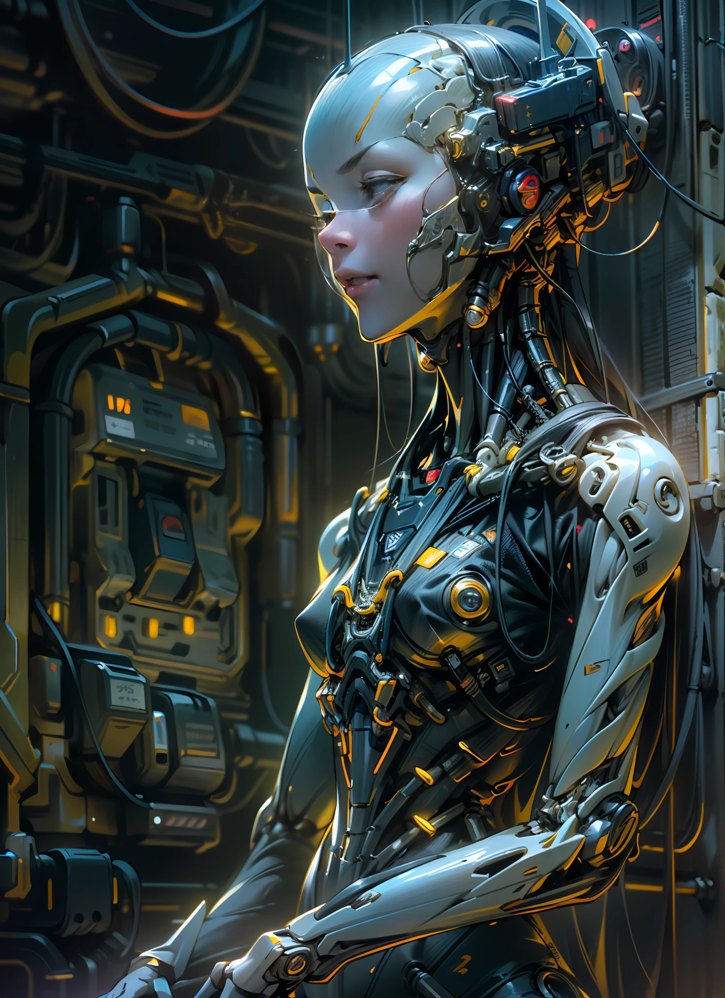 Top Quality, Masterpiece, Ultra High Resolution, ((Photorealistic: 1.4), Raw Photo, 1 cyberpunk android Girl, portrait, Glossy Skin, (Ultra Realistic Details)), mechanical limbs, tubes connected to the mechanical parts, mechanical vertebrae attached to the spine, mechanical cervical attachment to the neck, wires and cables connecting to the head, Evangelion, ((Ghost in the Shell)), small glowing LED lamps, global lighting, deep shadows, Octane Rendering, 8K, Ultra Sharp, Metal, Intricate Ornament Details, baroque details, Very intricate details, realistic light, CGSoation trend, facing the camera, neon details, (android manufactory in background), art by H.R. Giger and Alphonse Mucha.
