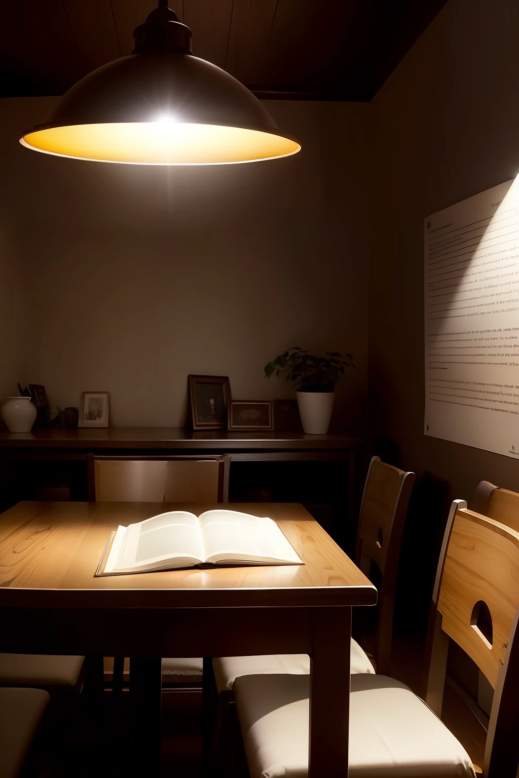 Take a picture with a table in a dark environment, iluminado com uma luz amarela, com uma biblia em cima da mesa, uma vista de cima