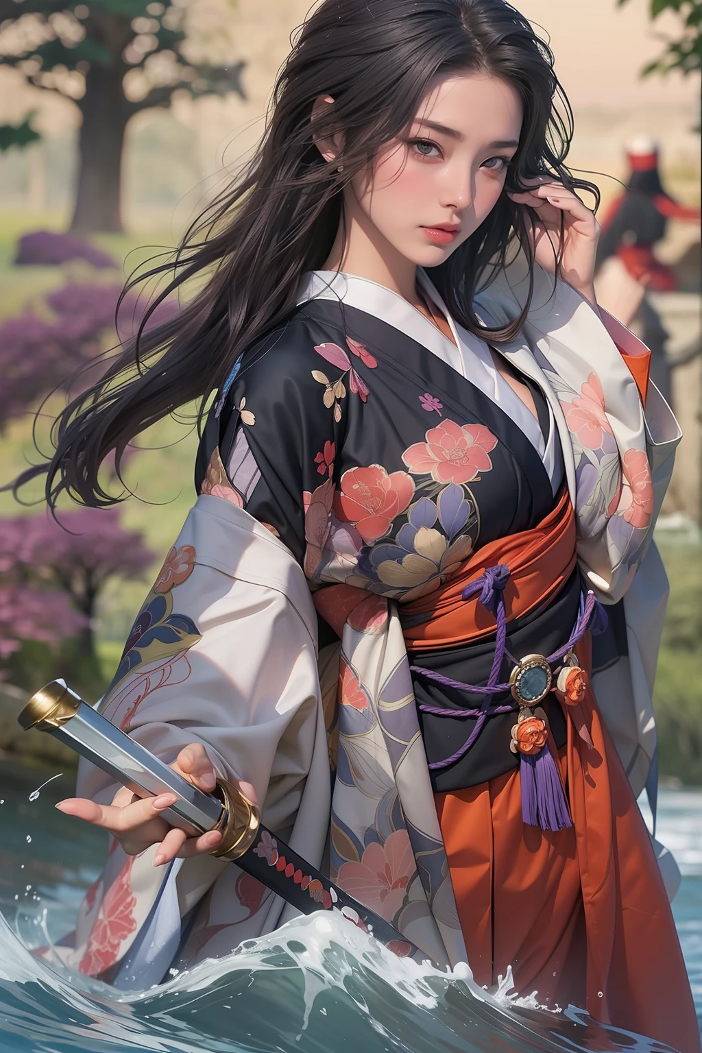 A dark-haired、a short bob、Straight hairstyle、big eye、Double eyes、Japan beauties、Korean Idol、30-years old、small tits、flat-chest、top-quality、masterpiece、8K、 1 woman, Elegant beauty, Radiant skin, (Murasaki Shikibu costume:1.3), (The chest is fluttering:1.4), Solo, (Fashion with a sarashi wrapped around the chest:1.2), (Flowing water handle accent:1.3) (Silk Cross), Detailed traditional costumes, (Style Heian period:1.3), Detailed facial expressions, (Style Dynamic:0.8),
Standing Pose, holding katana, Determined expression, (Background: Battlefield), (Style Ninja Lady:0.9), Historical atmosphere, Armor Details, Detailed background, (Style Wafuku:0.9), powerful aura,
