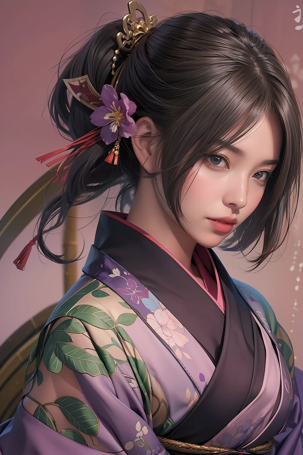 A dark-haired、a short bob、Straight hairstyle、big eye、Double eyes、Japan beauties、Korean Idol、30-years old、small tits、flat-chest、top-quality、masterpiece、8K、 1 woman, Elegant beauty, Radiant skin, (Murasaki Shikibu costume:1.3), (The chest is fluttering:1.4), Solo, (Fashion with a sarashi wrapped around the chest:1.2), (Flow handle accent:1.3) (Silk Cross), Detailed traditional costumes, (StyleHeian period:1.3), Detailed facial expressions, (Style Dynamic:0.8),
Standing Pose, holding katana, Determined expression, (Background: Battlefield), (Style Ninja Lady:0.9), Historical atmosphere, Armor Details, Detailed background, (Style Wafuku:0.9), powerful aura,