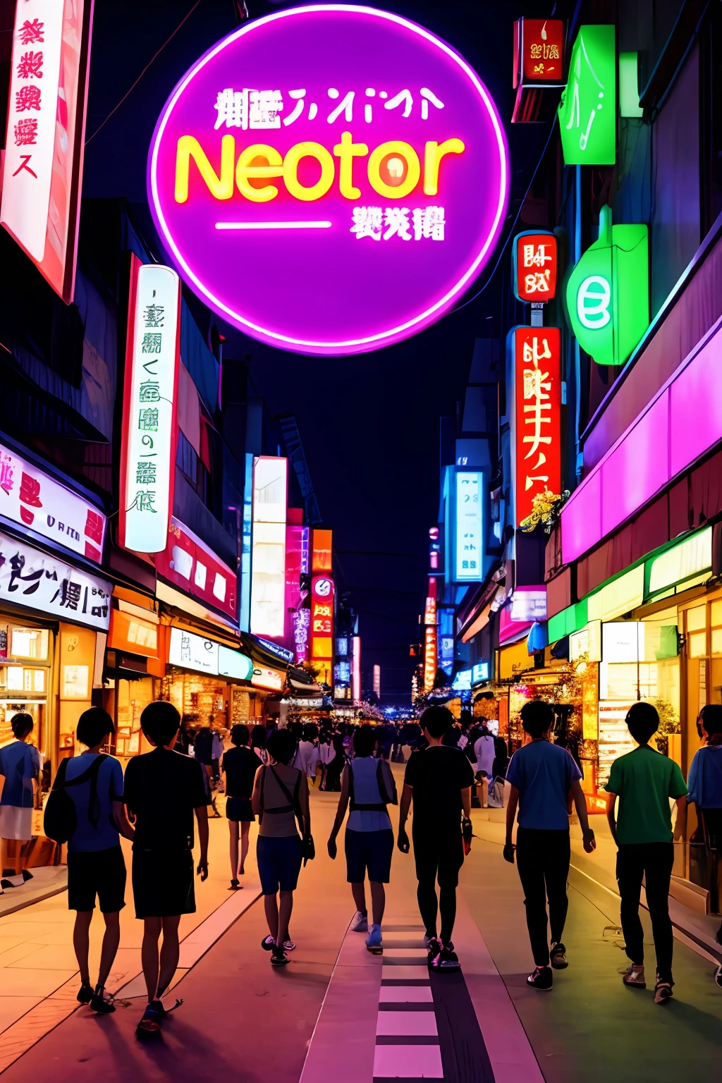Japanese city with neon lights in a hot summer night people walking