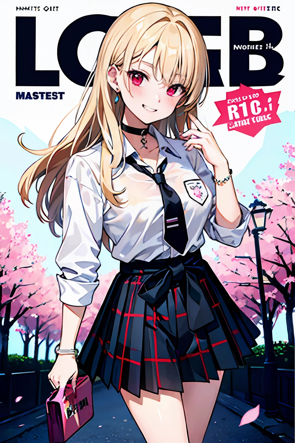 masterpiece, best quality,  full body,
1girl, bangs, black choker, black necktie, blonde hair, blue skirt, blush, bracelet, breasts, choker, clothes around waist, collarbone, collared shirt, cowboy shot, dress shirt, ear piercing, eyebrows visible through hair, gradient hair, grin, gyaru, jewelry, kogal, long hair, looking at viewer, loose necktie, necktie, piercing, plaid, plaid skirt, pleated skirt, red eyes, ring, school uniform, shirt, skirt, smile, solo, white shirt,
street, sky, cherry blossoms, petals,illustration, (magazine:1.3), (cover-style:1.3), fashionable, woman, vibrant, outfit, posing, front, colorful, dynamic, background,  elements, confident, expression, holding, statement, accessory, majestic, coiled, around, touch, scene, text, cover, bold, attention-grabbing, title, stylish, font, catchy, headline, larger, striking, modern, trendy, focus, fashion,